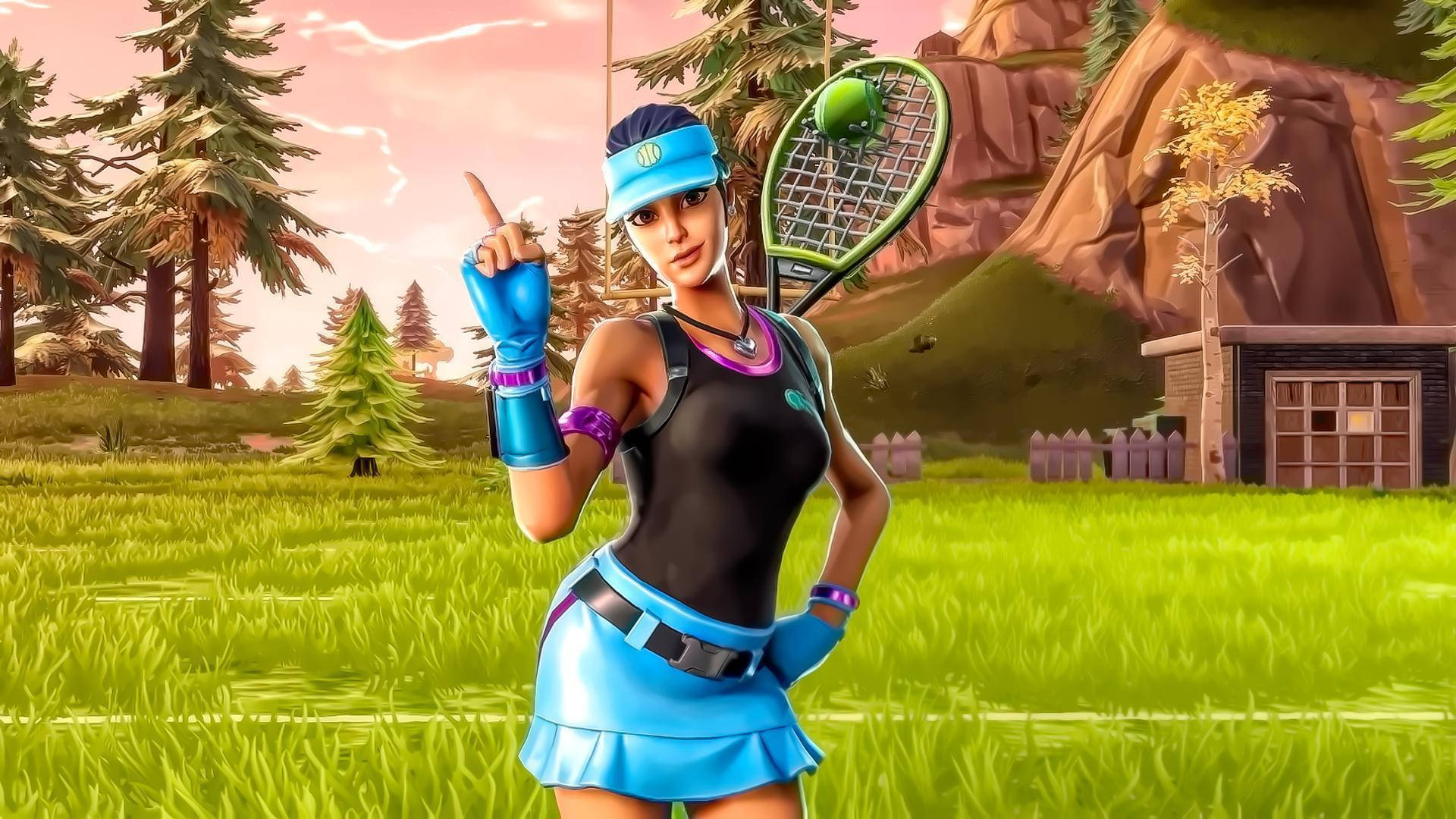 Fortnite Girl, blue and black gear, grassy field, Full HD Desktop Wallpaper