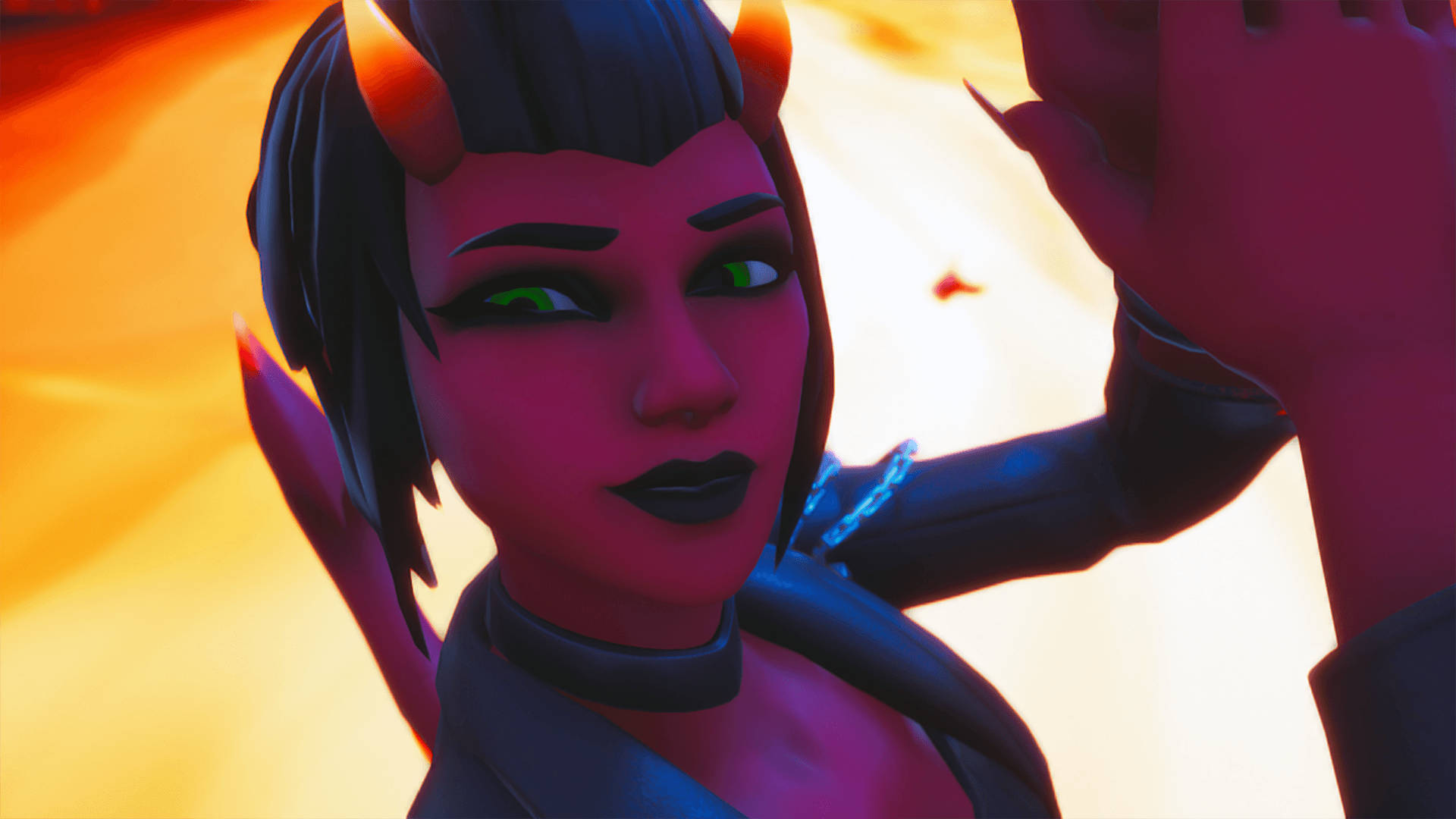 Fortnite Girl, glowing green eyes, orange horns, Full HD Desktop Wallpaper