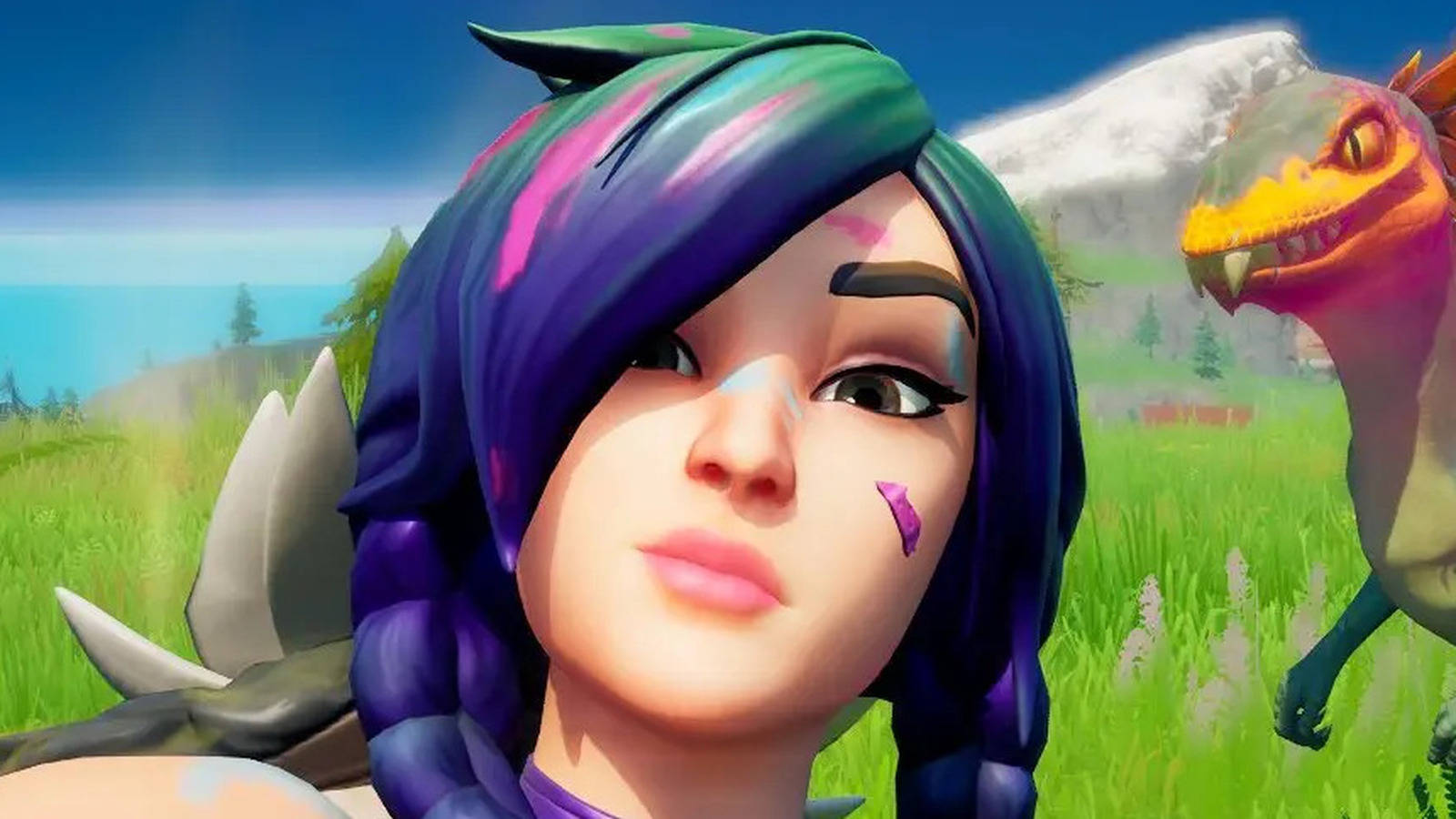 Fortnite, purple braided hair, dinosaur companion, HD Desktop Wallpaper