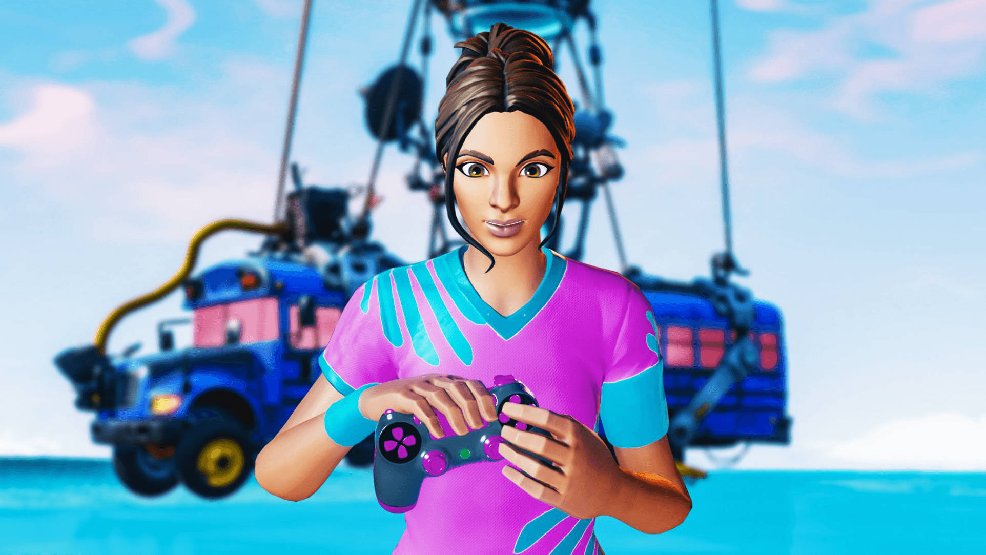 Fortnite Girl, pink and blue outfit, controller, Full HD Desktop Wallpaper