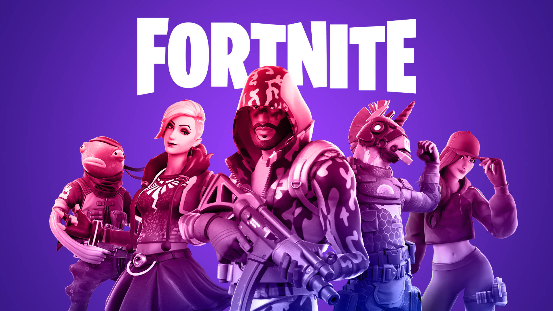 Fortnite, Fortnite logo, five Fortnite characters, Full HD Desktop Wallpaper