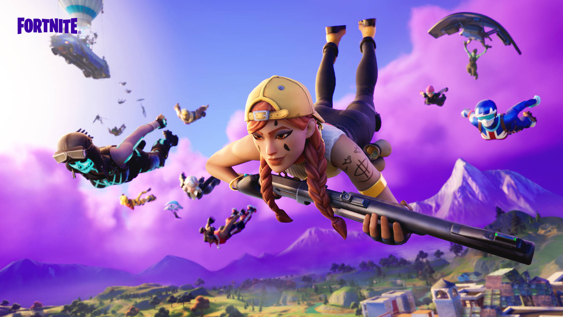 Fortnite Girl, vibrant purple sky, mountainous landscape, Full HD Desktop Wallpaper