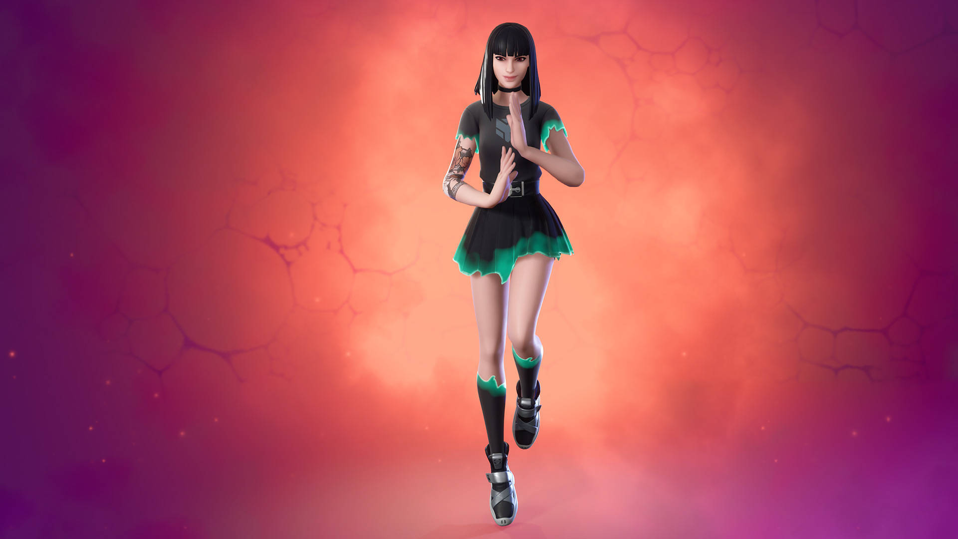 Fortnite Girl, black and green dress, glowing cracked red and purple background, Full HD Desktop Wallpaper