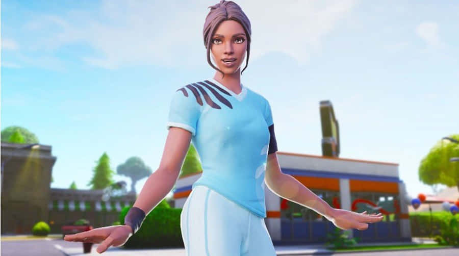 Fortnite character, light blue athletic wear, sunny suburban setting, SD Desktop Wallpaper