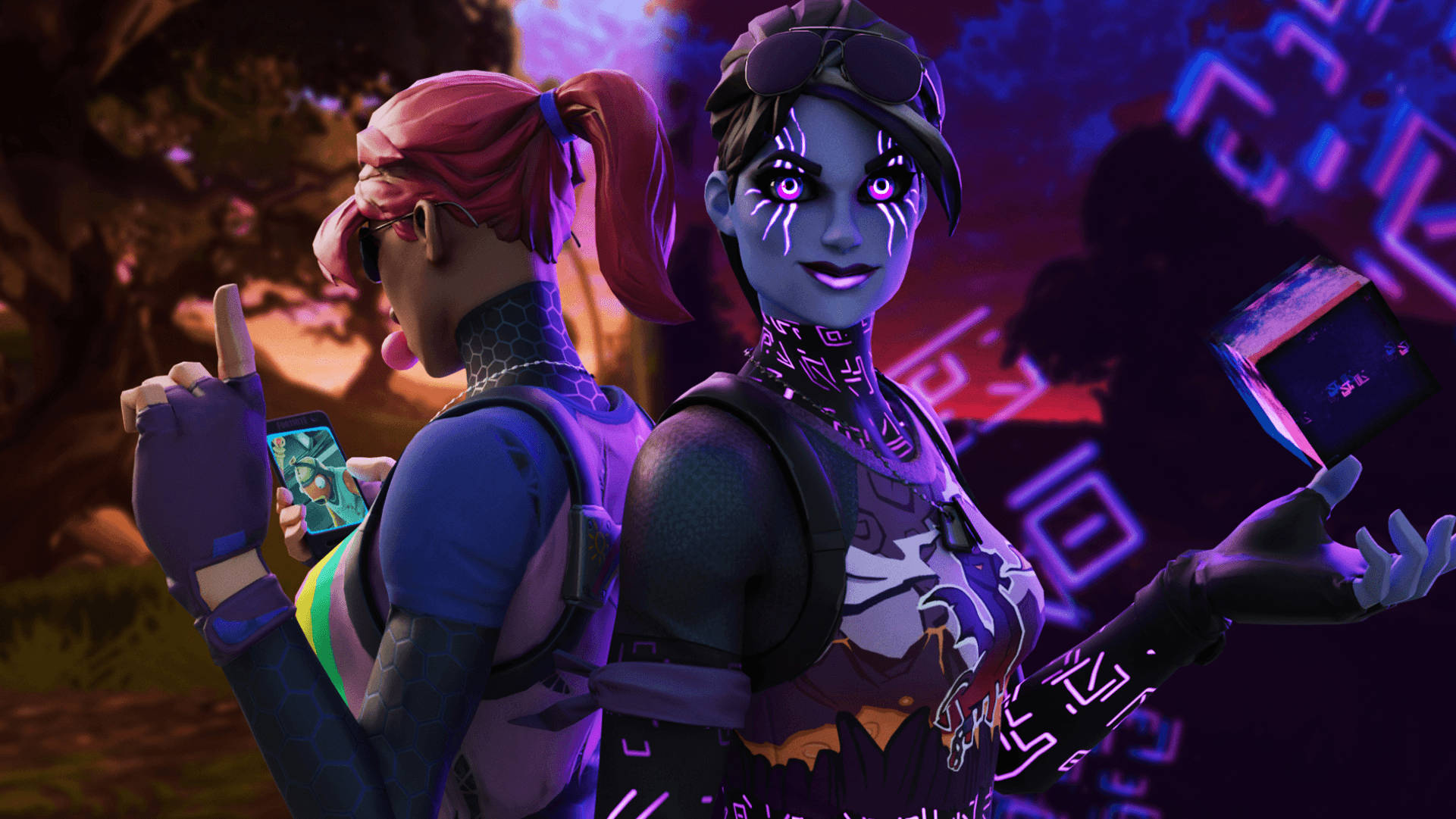Fortnite, glowing purple accents, futuristic gear, Full HD Desktop Wallpaper