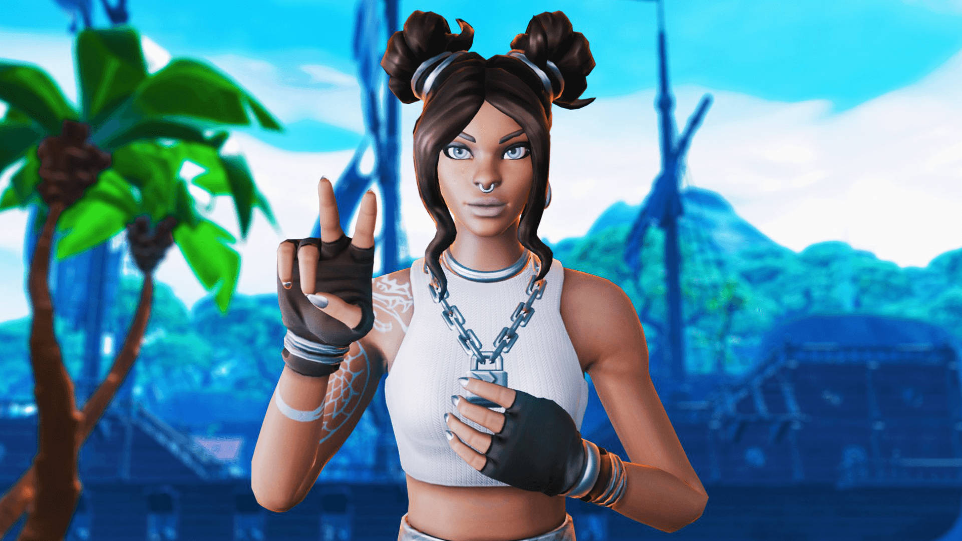 Fortnite Girl, twin buns, tattoos, Full HD Desktop Wallpaper