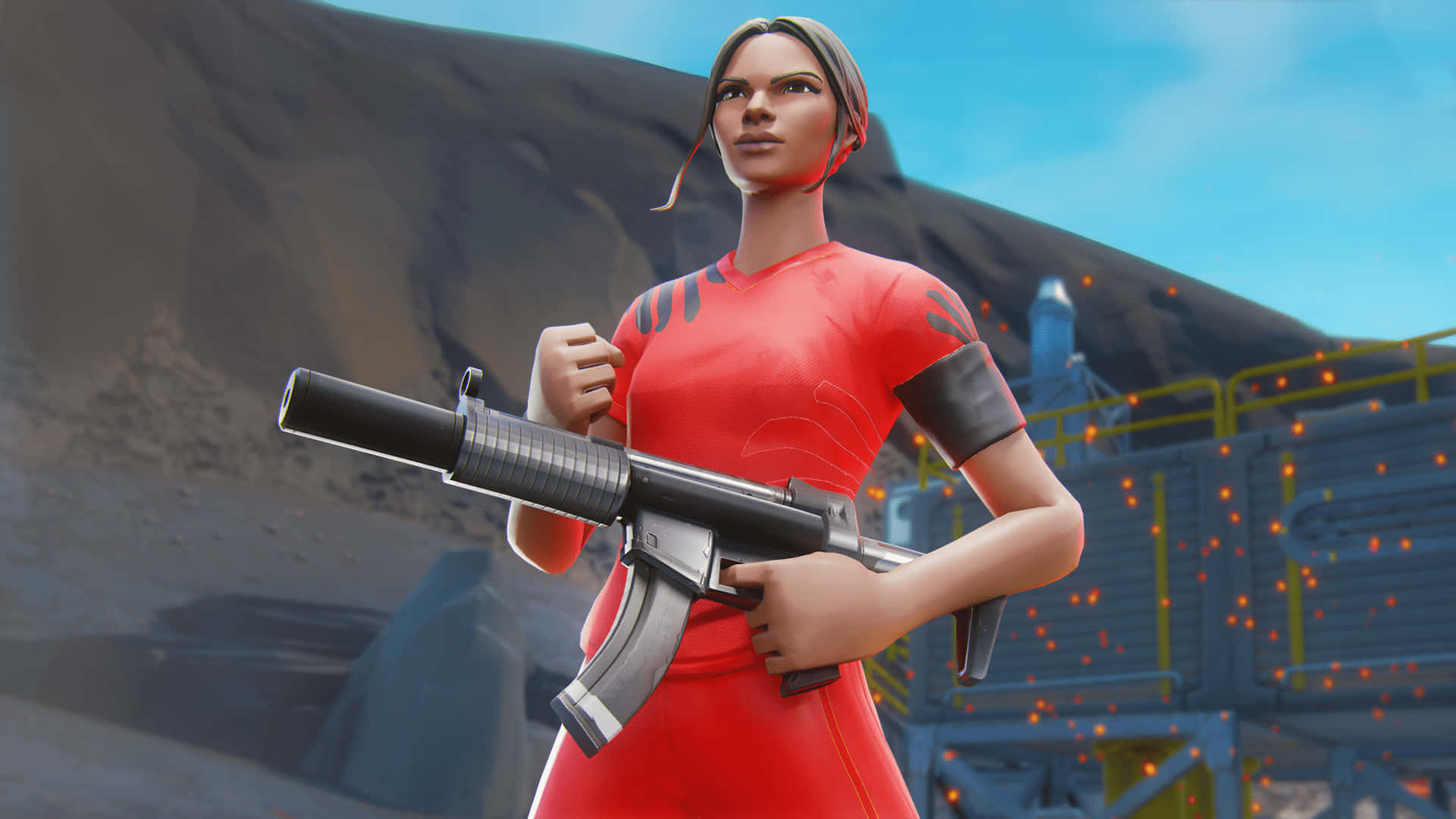 Fortnite Girl, red outfit, submachine gun, Full HD Desktop Wallpaper