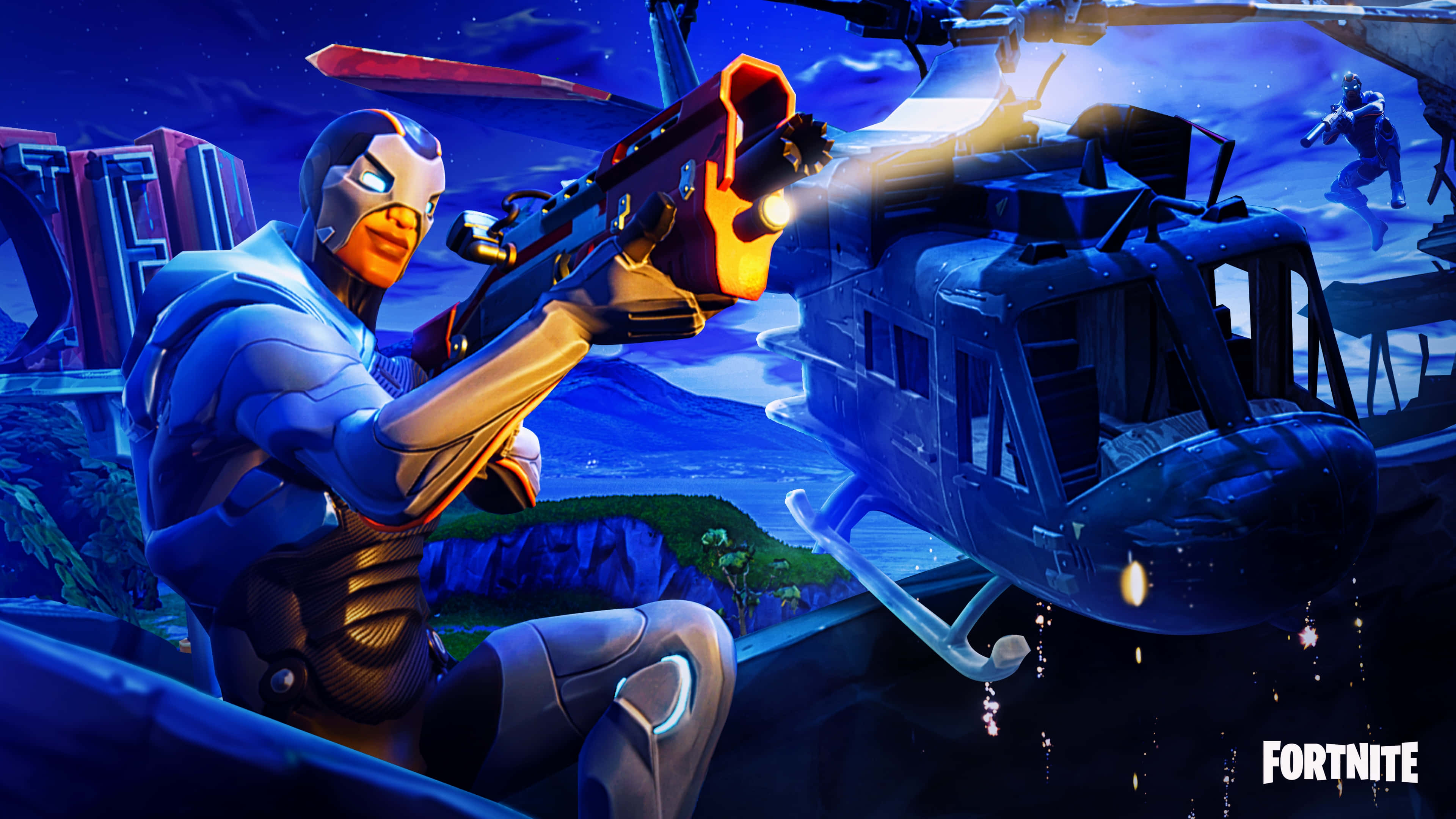 Fortnite, blue armor, glowing orange weapon, 4K Desktop Wallpaper