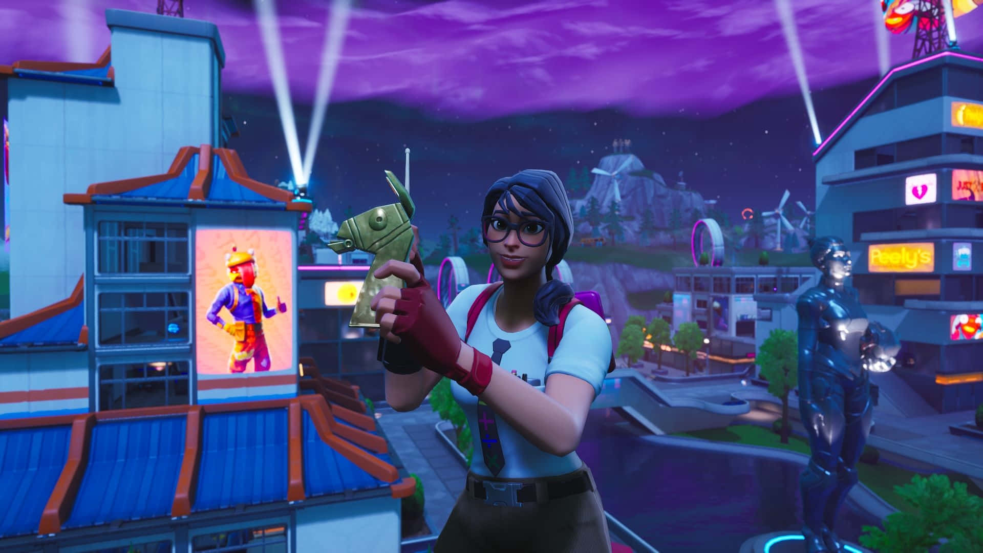 Fortnite, female character, golden horse head weapon, Full HD Desktop Wallpaper