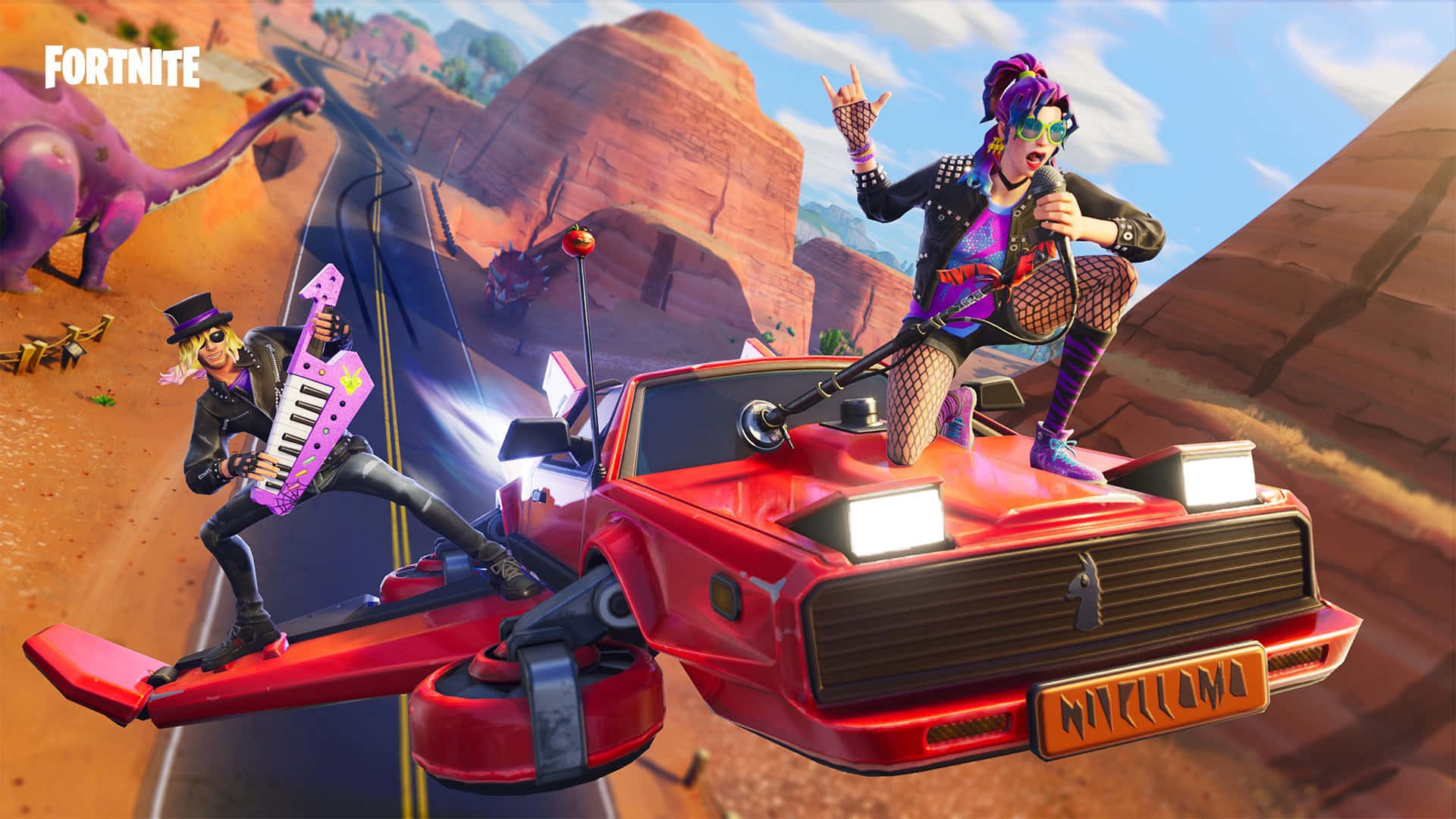 Fortnite, desert canyon, flying red car, Full HD Desktop Wallpaper