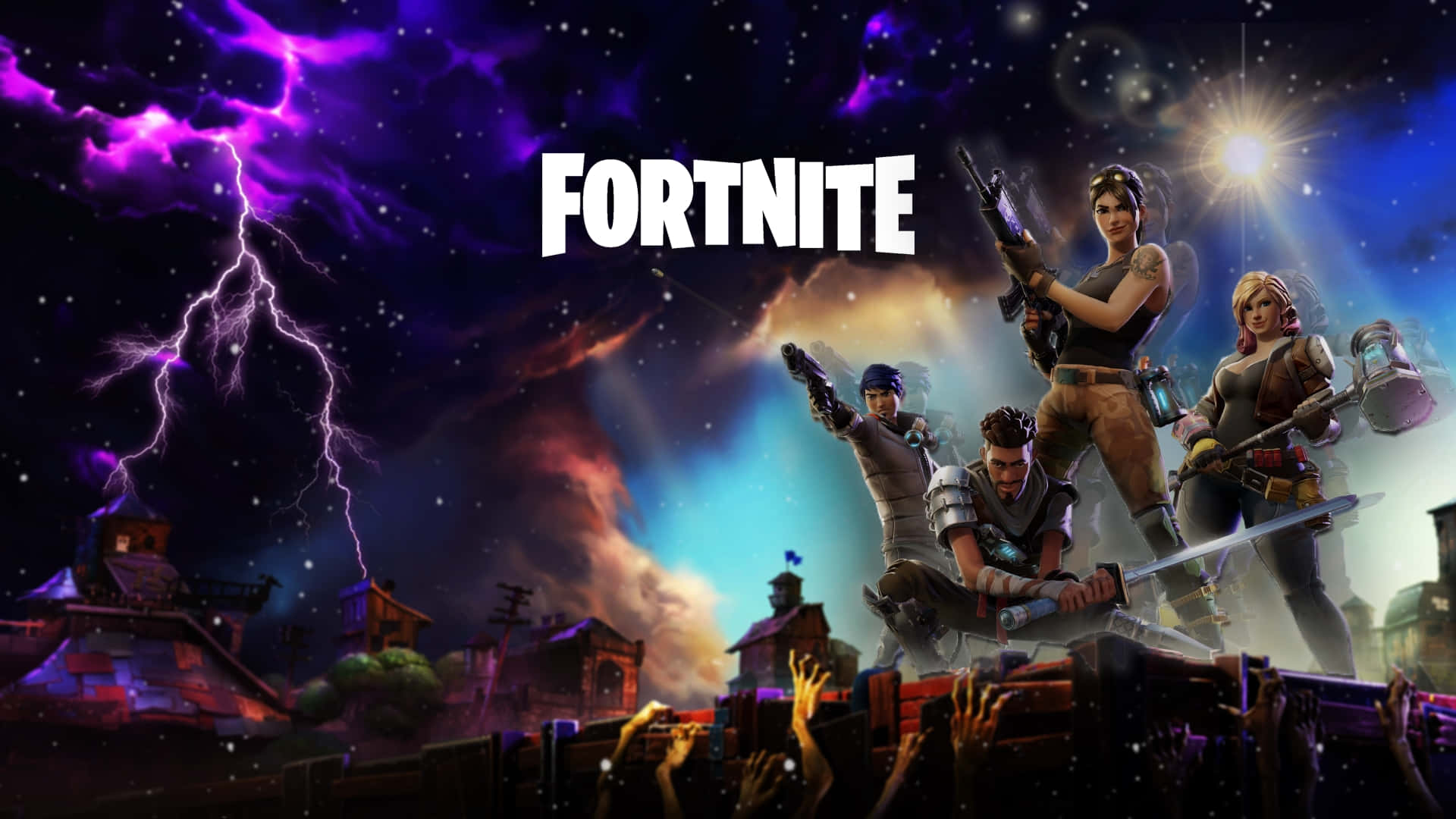 Fortnite, gameplay characters, ruined building, Full HD Desktop Wallpaper