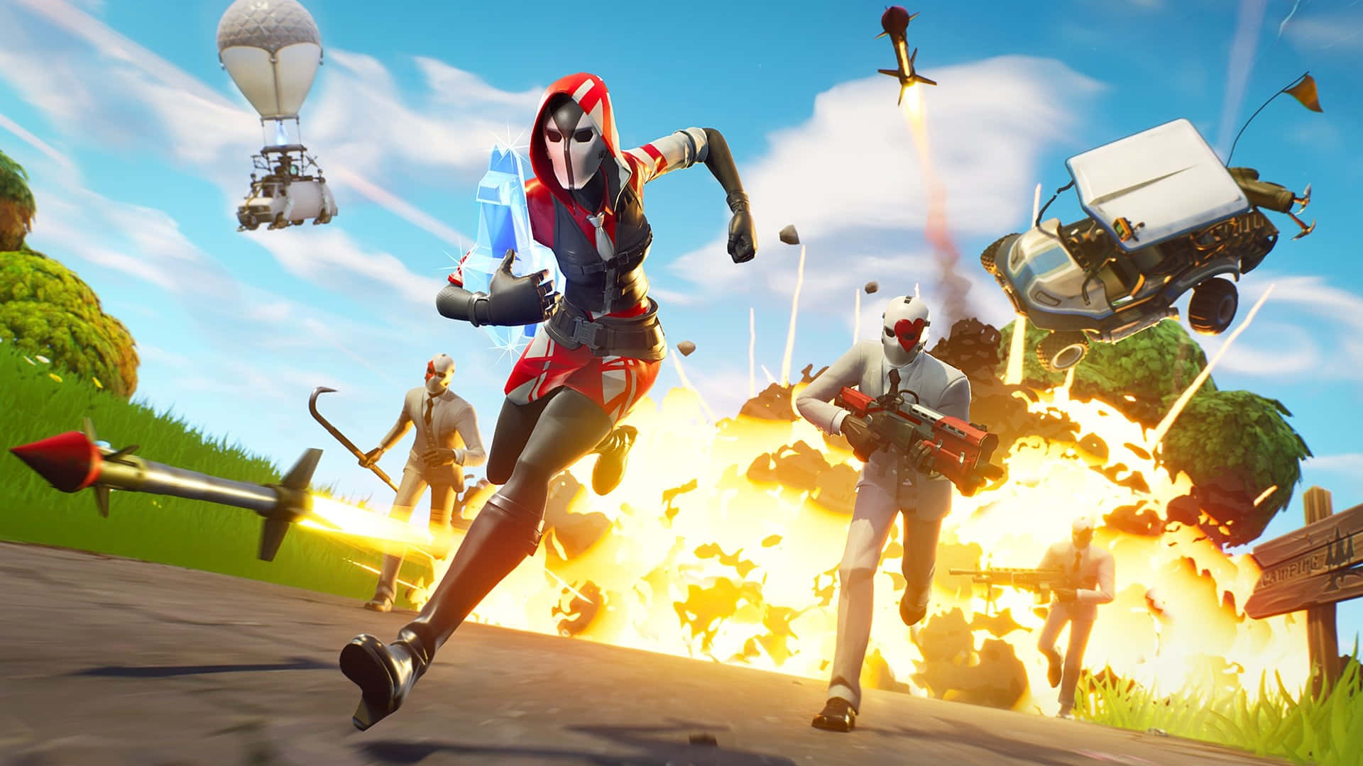 Fortnite, red hoodie, explosion, Full HD Desktop Wallpaper