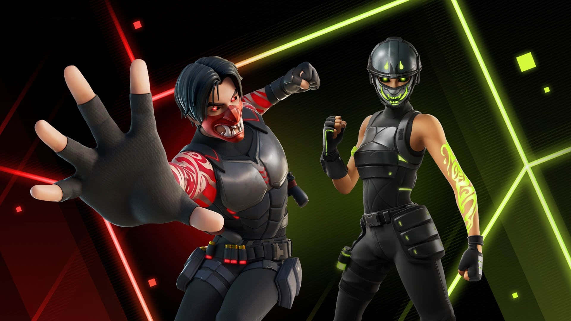 Fortnite, black tactical gear, red and green neon accents, Full HD Desktop Wallpaper