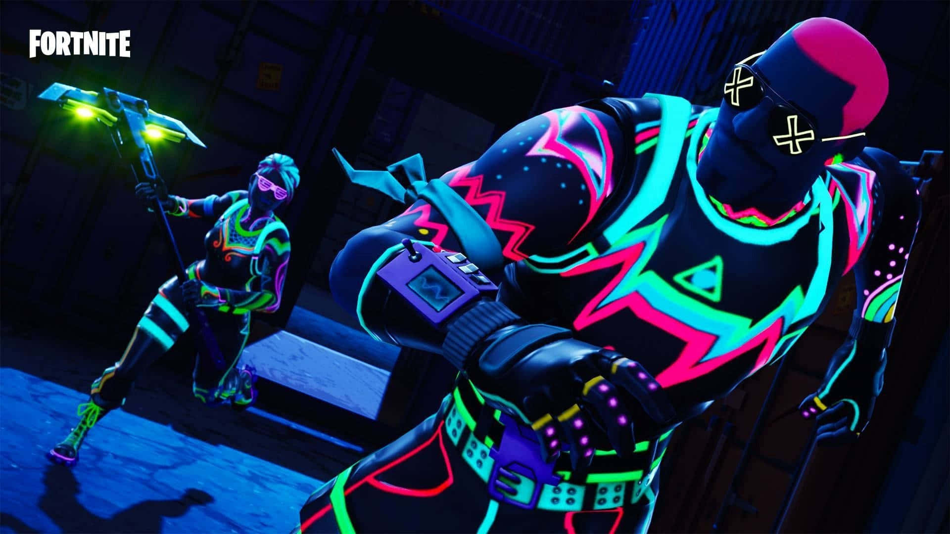Fortnite, neon outfits, dim warehouse, Full HD Desktop Wallpaper