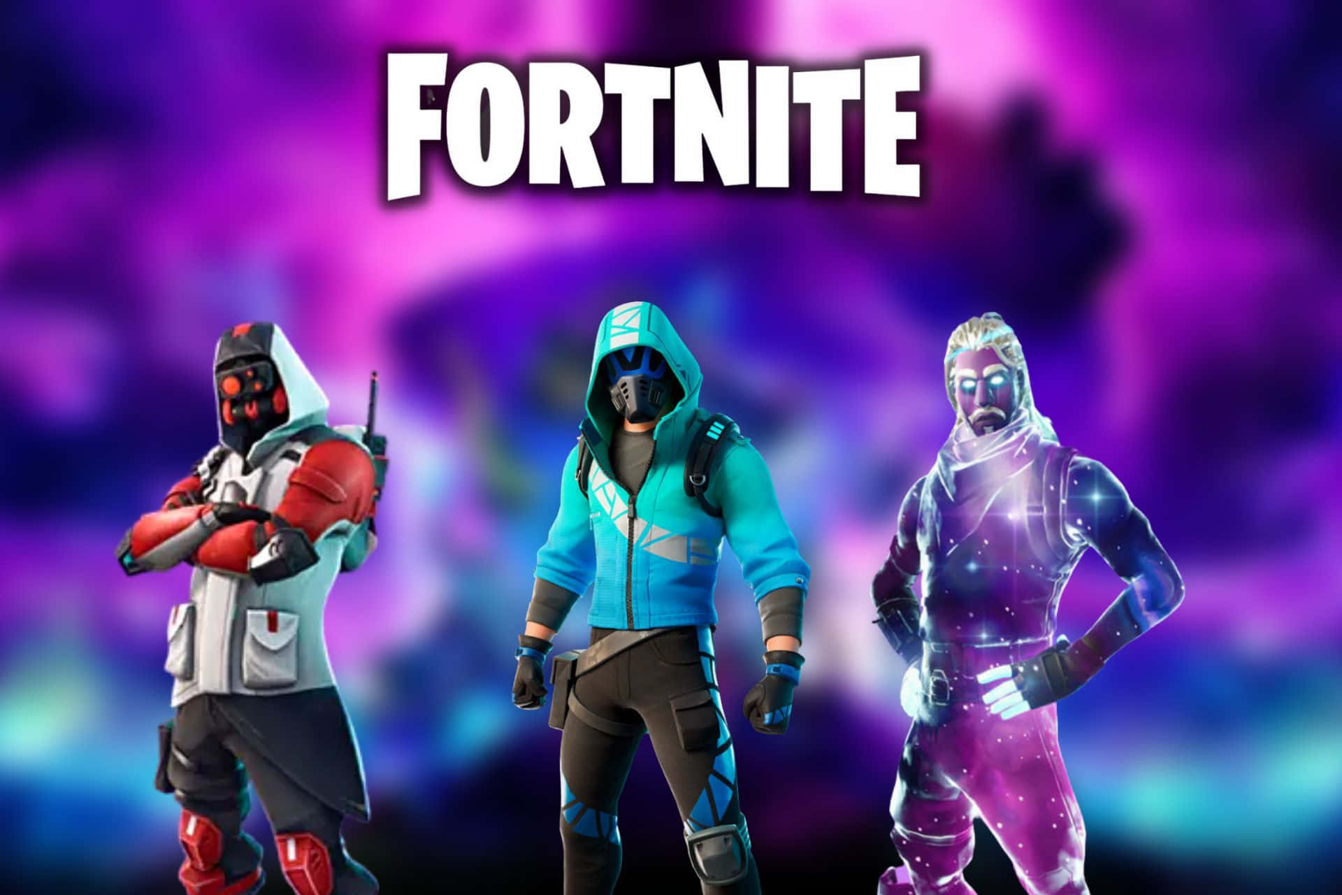 Fortnite Ikonik Skin, glowing futuristic outfits, vibrant purple and blue cosmic background, Full HD Desktop Wallpaper
