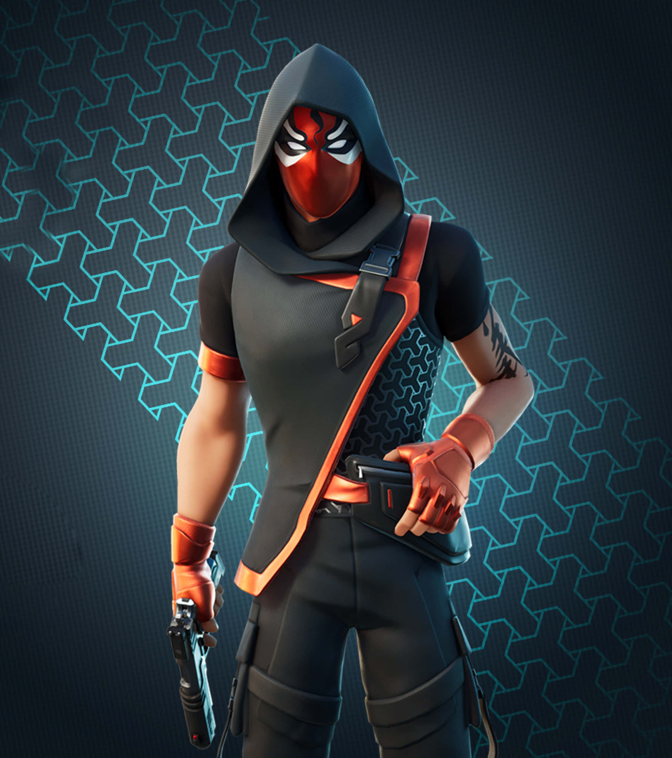 Fortnite Ikonik Skin, black and orange gear, pistol, Full HD Phone Wallpaper