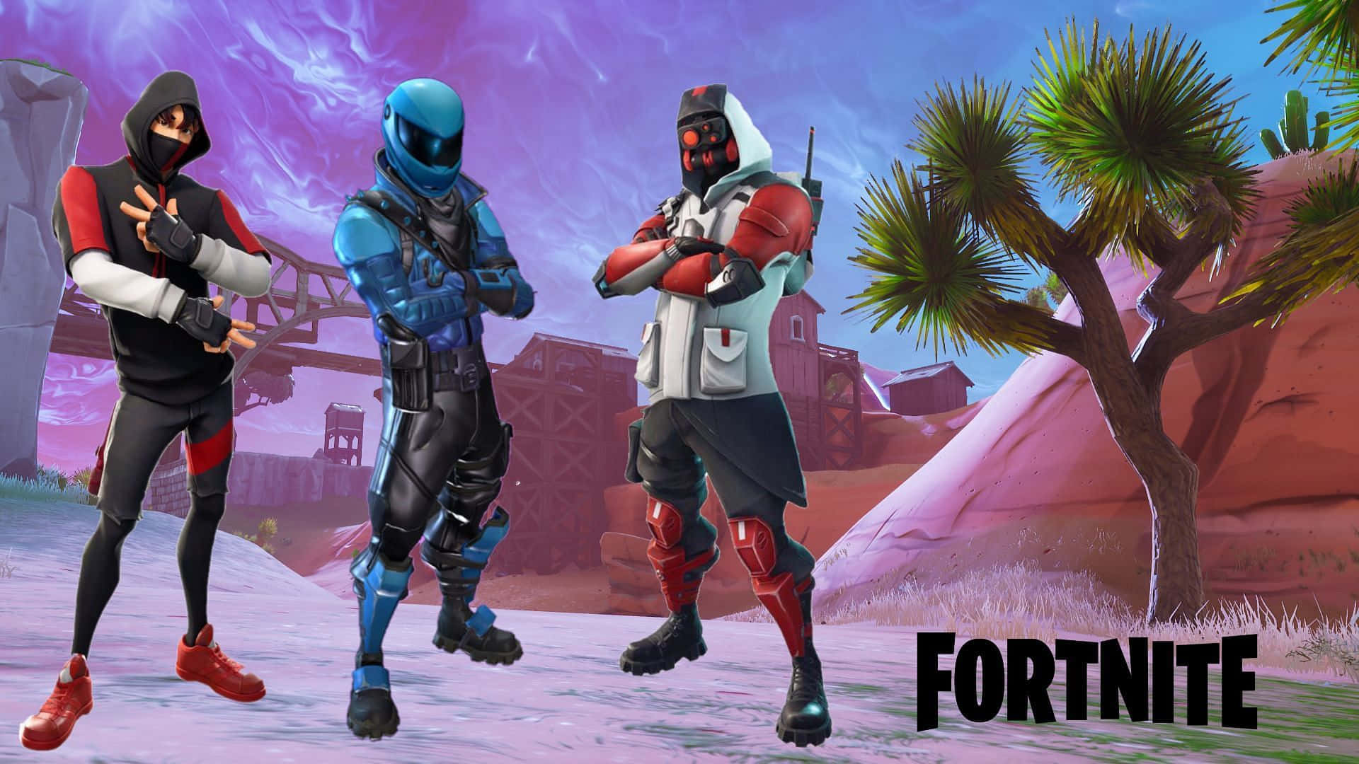 Fortnite, red blue and black gear, desert landscape, Full HD Desktop Wallpaper