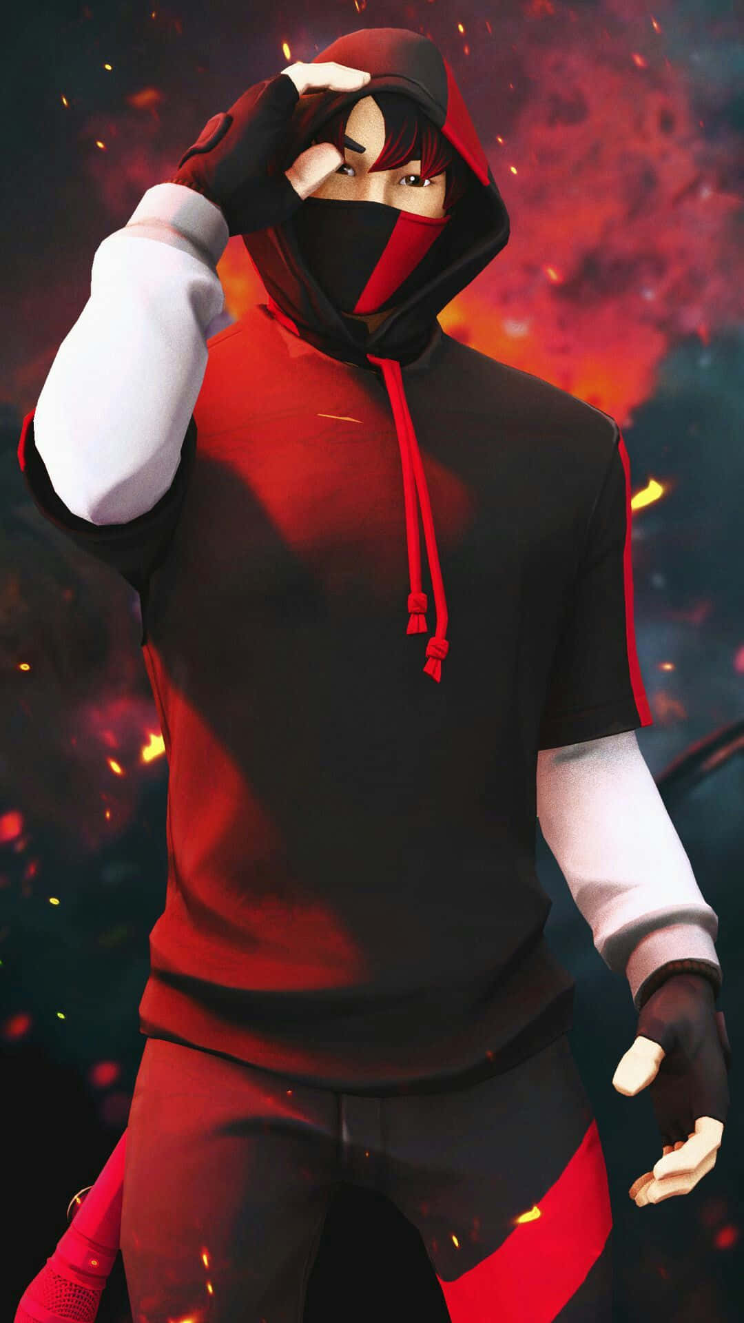 Fortnite Ikonik Skin, red and black hoodie, masked anime character, Full HD Phone Wallpaper