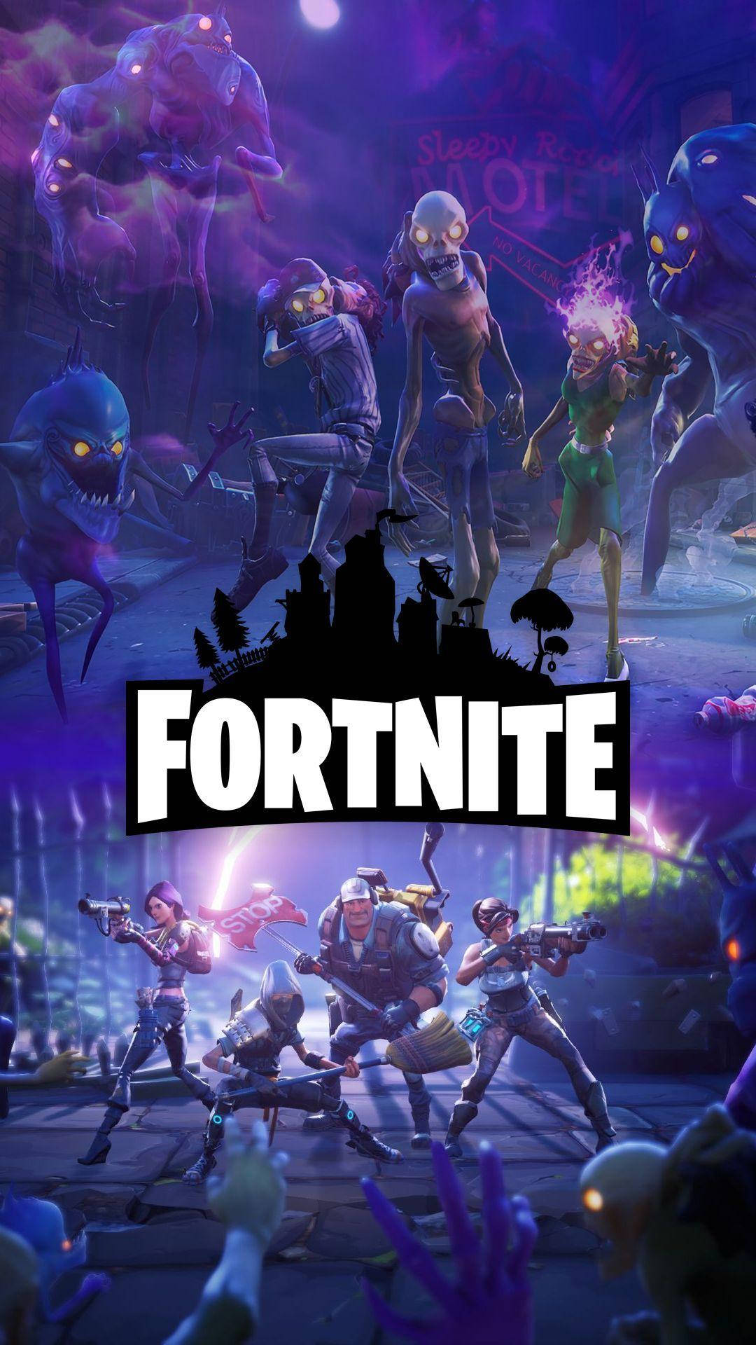 Fortnite, zombie attack, neon-lit haunted hotel lobby, Full HD Phone Wallpaper