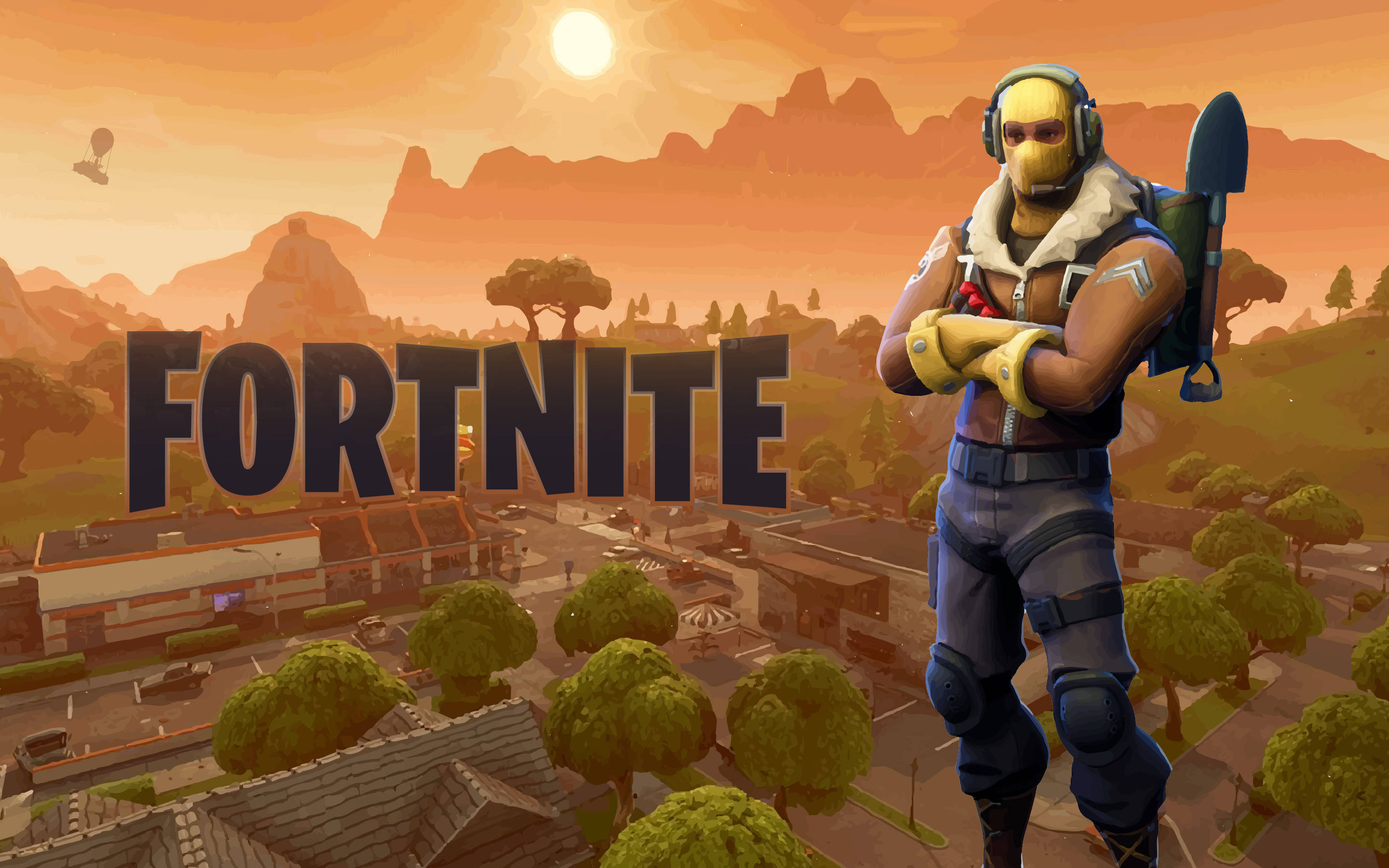 Fortnite, muscle character, stylized town, 2K Desktop Wallpaper