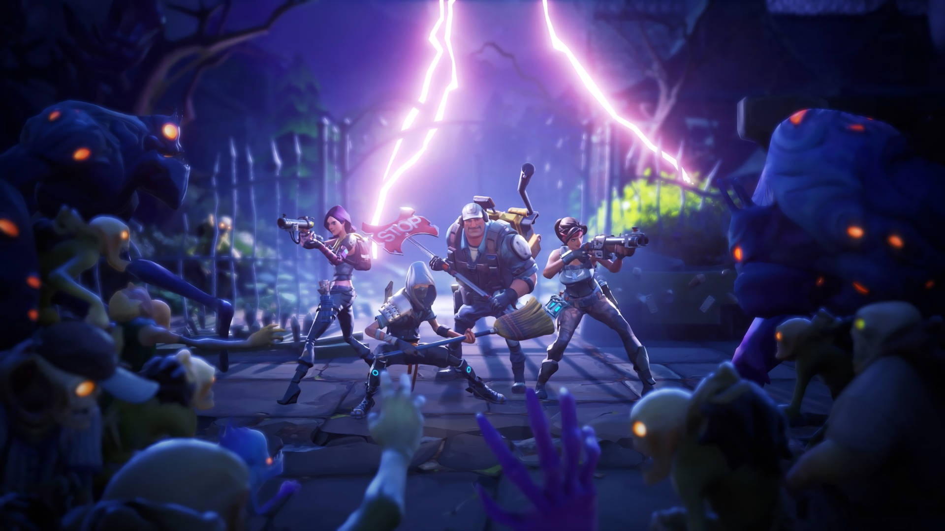 Fortnite, purple lightning, stormy forest, Full HD Desktop Wallpaper