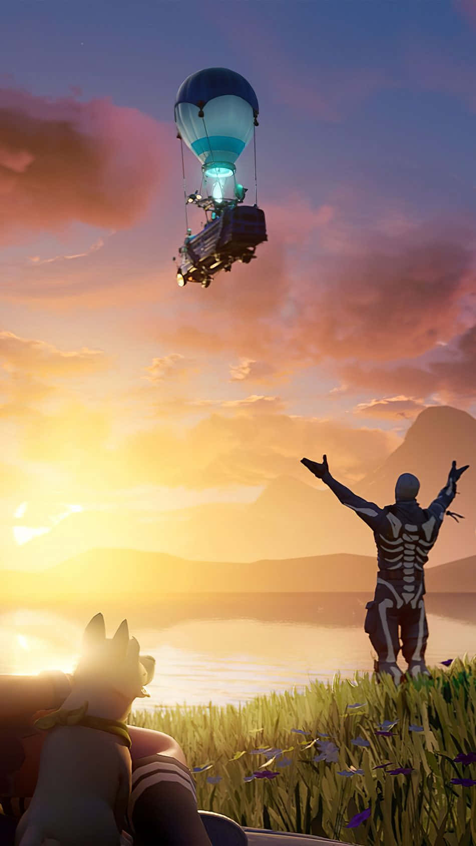 Fortnite, skeleton character, hot air balloon, HD Phone Wallpaper