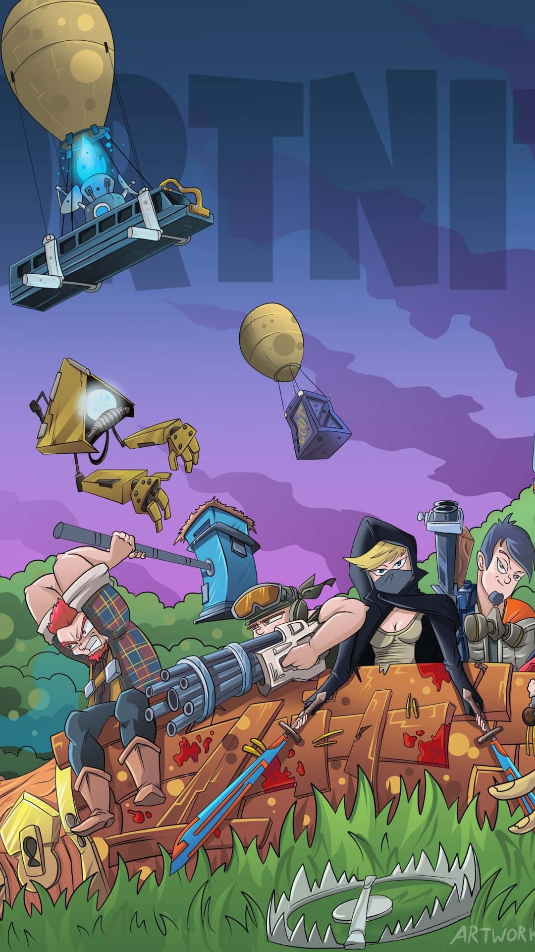 Fortnite, cartoonish warriors, wooden fort, Full HD Phone Wallpaper