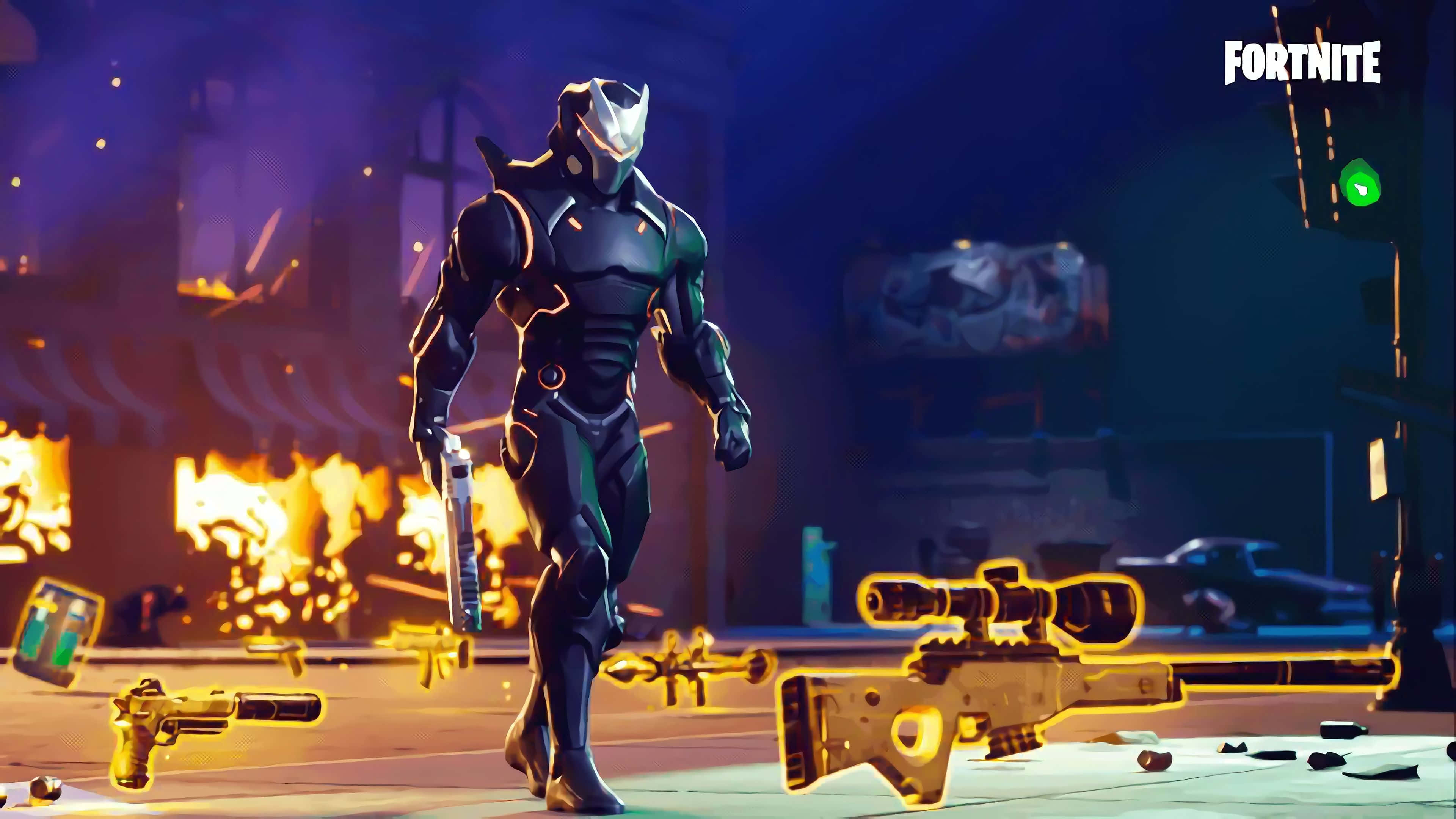 Fortnite, black armor, fiery urban battlefield, 4K Desktop Wallpaper