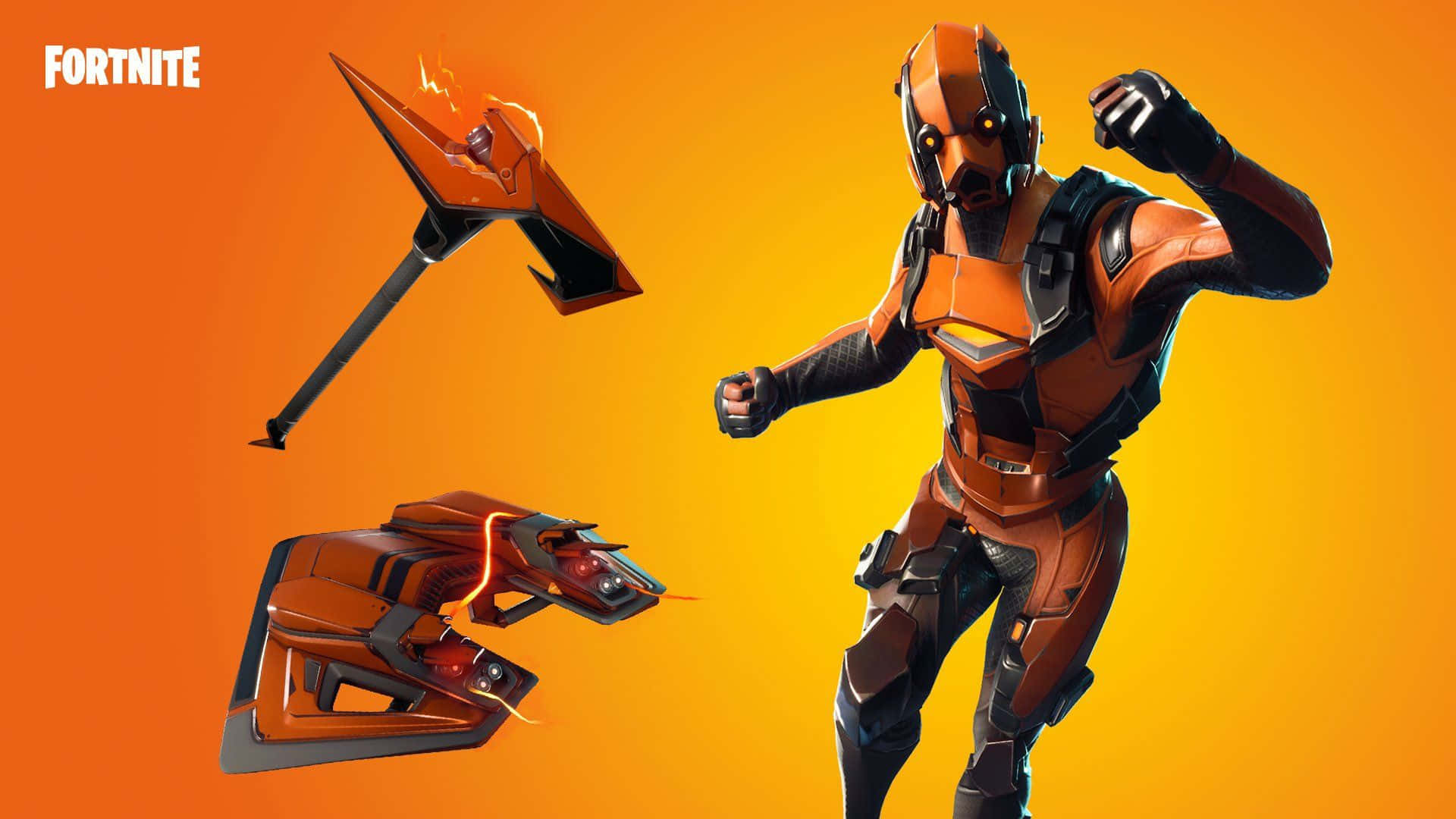 Fortnite, orange armor, glowing orange pickaxe, Full HD Desktop Wallpaper