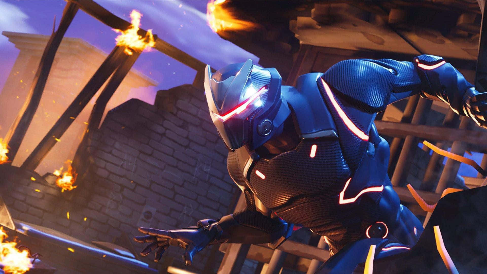 Fortnite laptop, futuristic blue armored warrior, glowing red eyes, Full HD Desktop Wallpaper