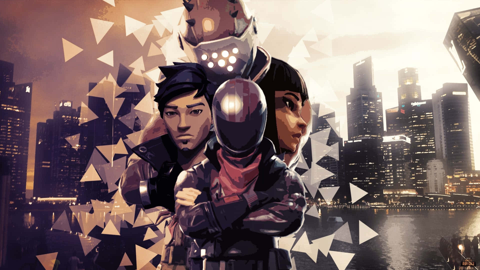 Fortnite Laptop, futuristic city skyline, geometric triangle overlays, Full HD Desktop Wallpaper