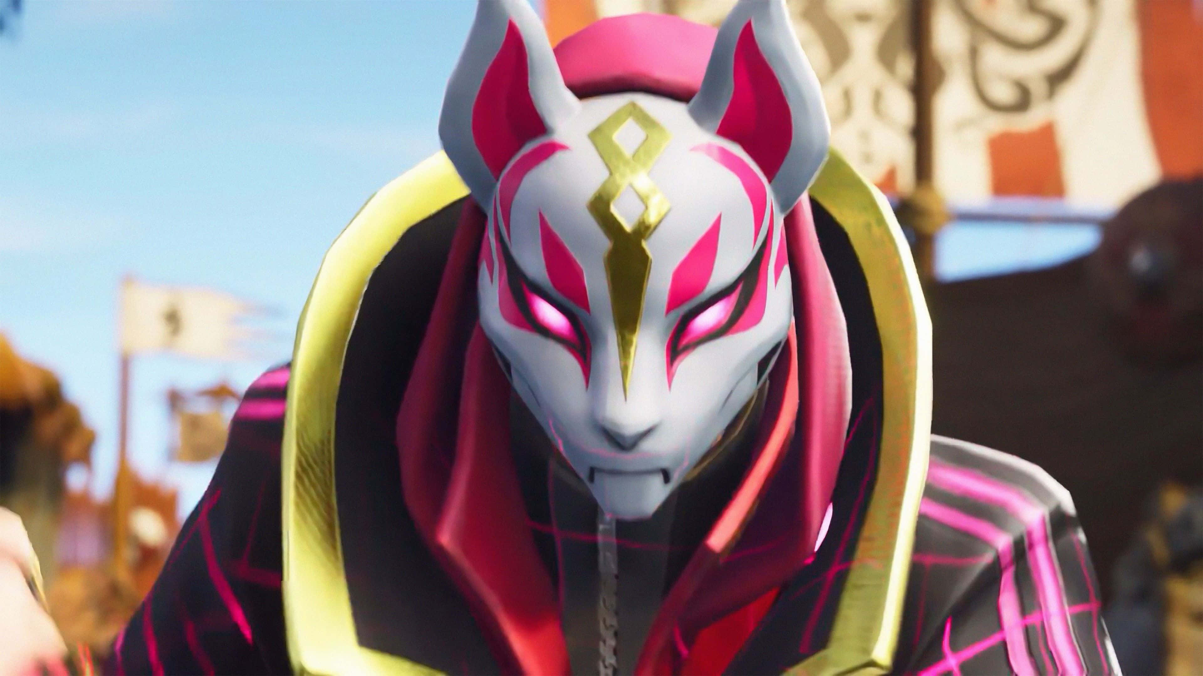Fortnite, fox-masked anime character, glowing pink eyes, 4K Desktop Wallpaper