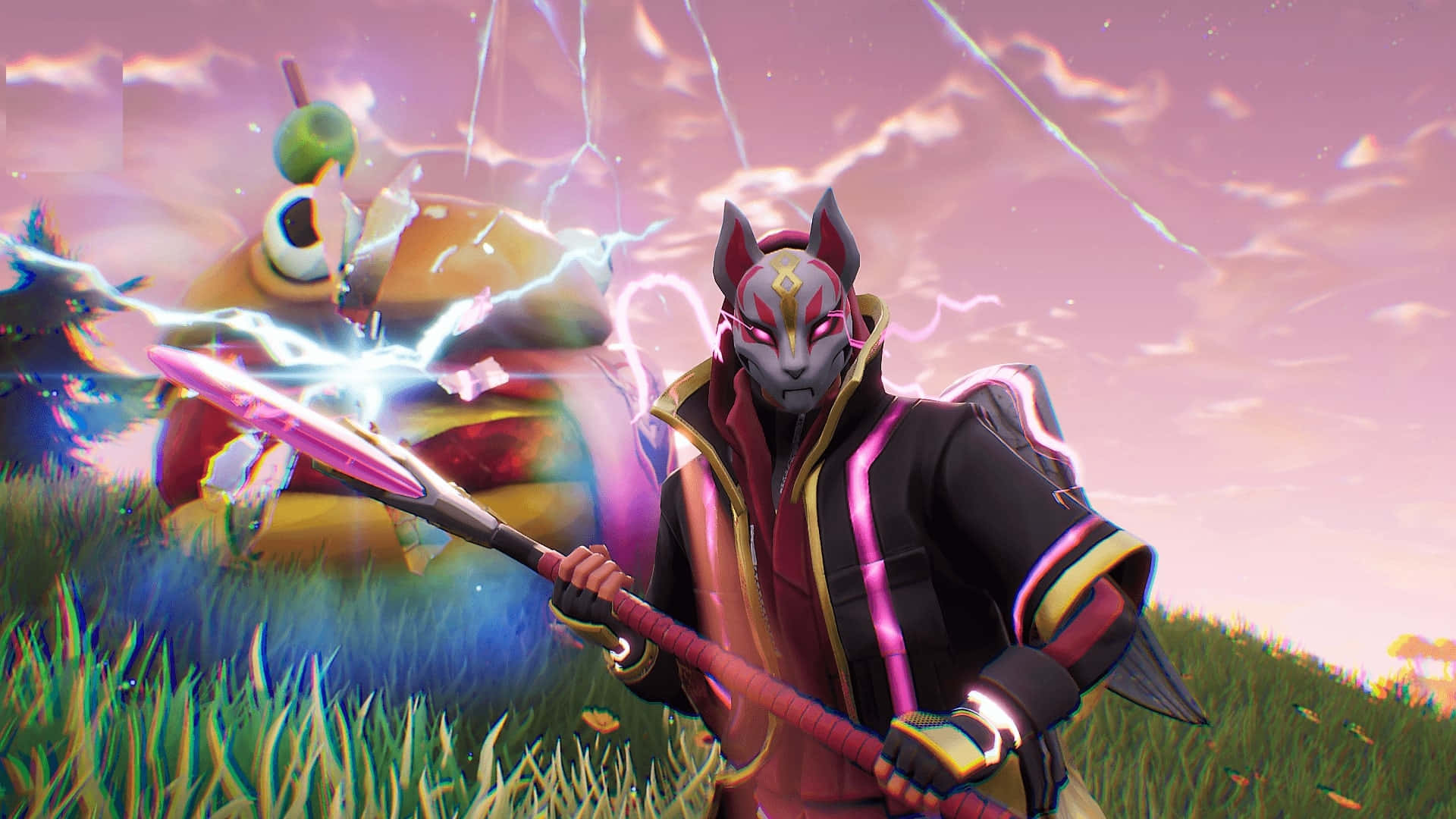 Fortnite, laptop, masked fox-like warrior, Full HD Desktop Wallpaper