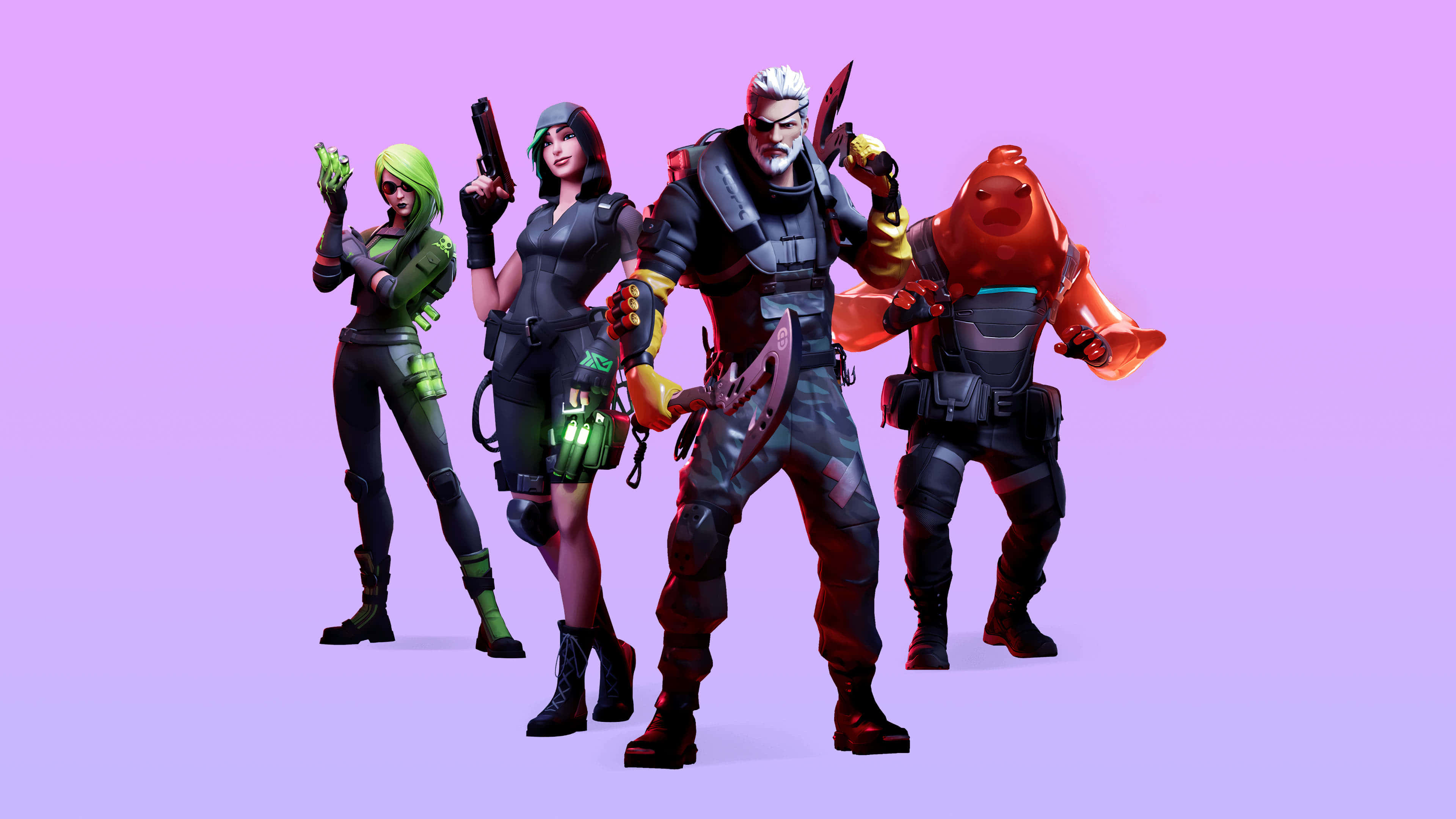 Fortnite Manic Skin, purple gradient background, four stylized video game characters, 4K Desktop Wallpaper