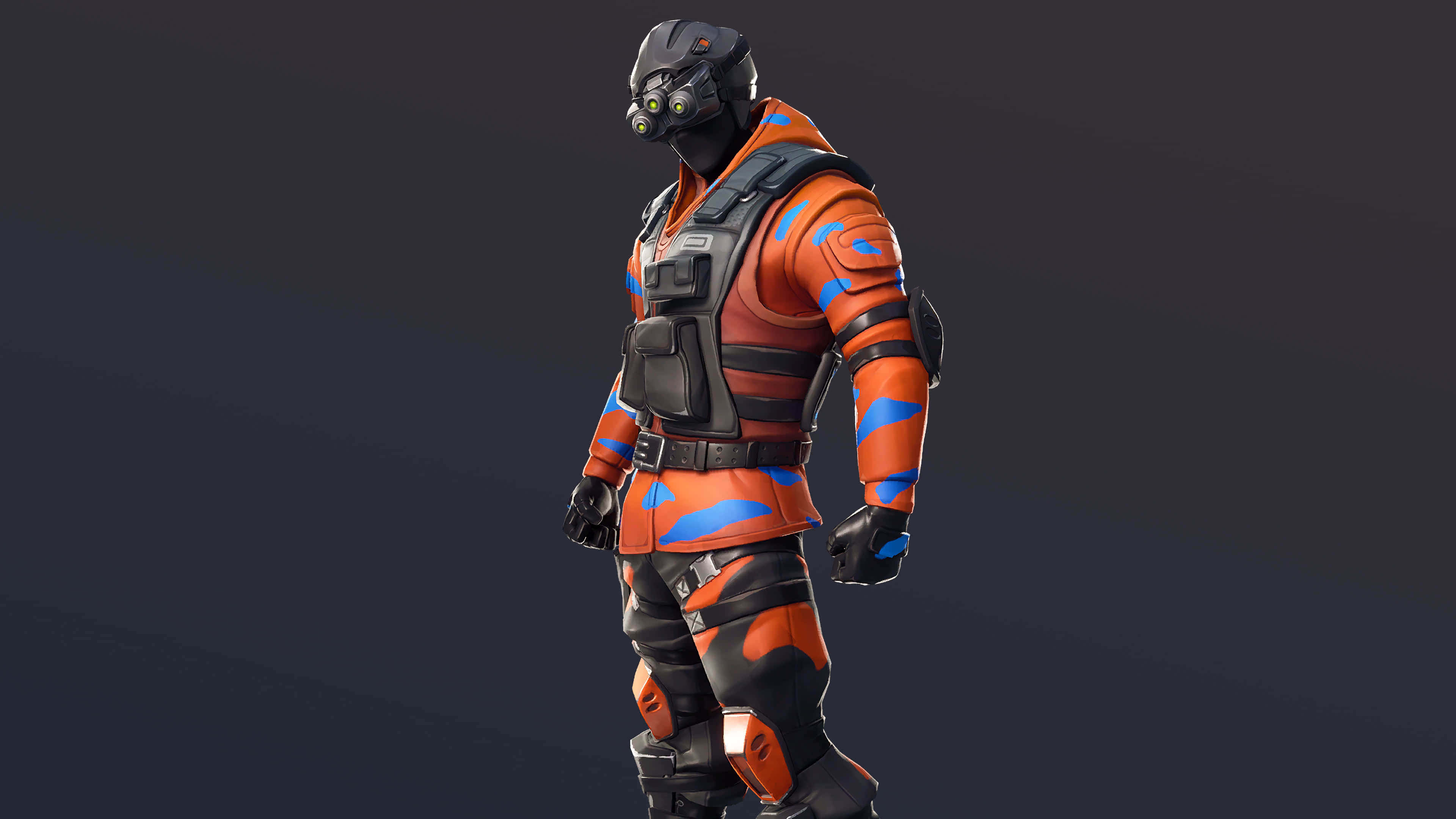 Fortnite Manic Skin, orange blue tactical gear, glowing eyes, 4K Desktop Wallpaper