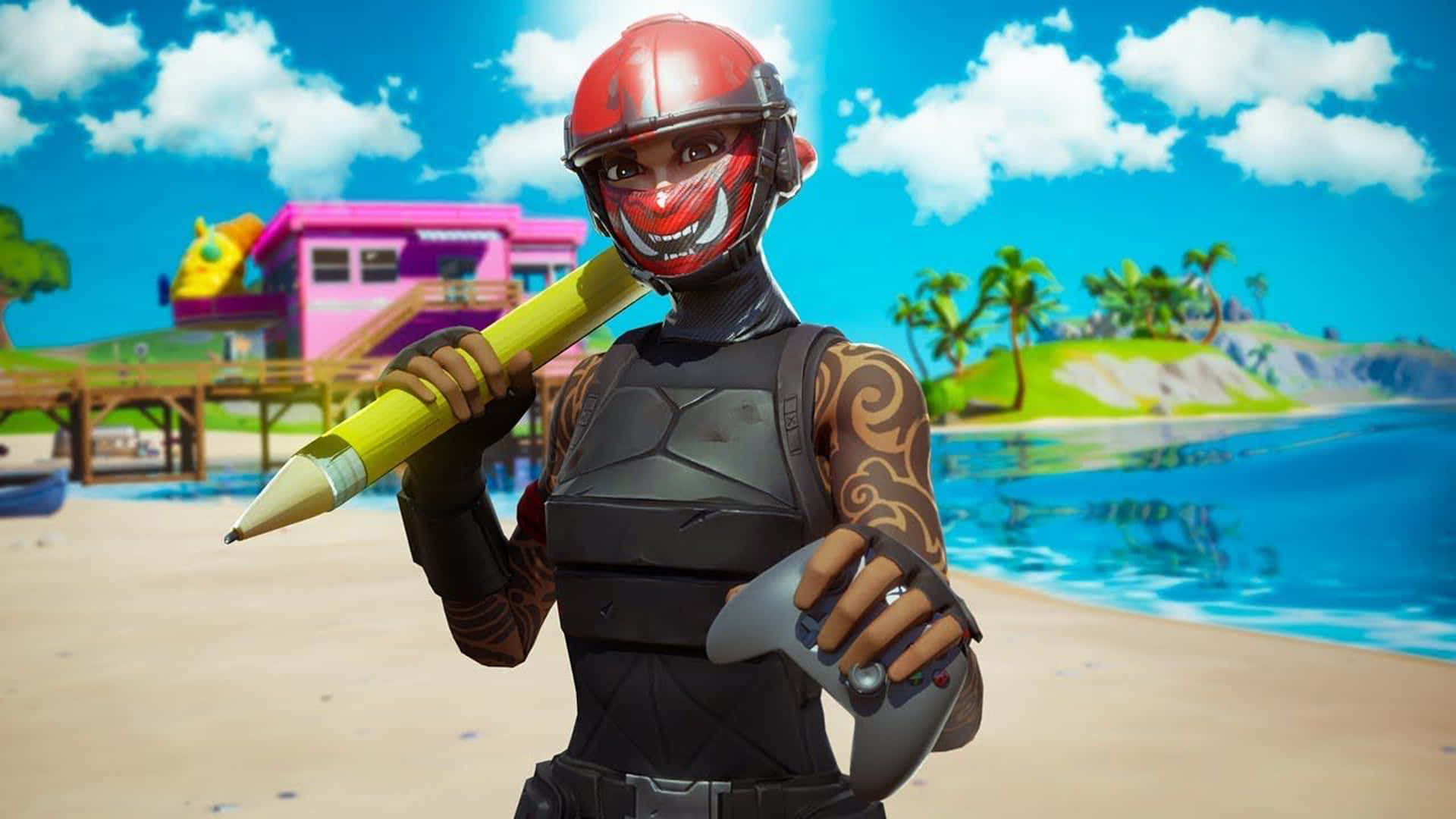 Fortnite Manic Skin, red helmet, face paint, Full HD Desktop Wallpaper
