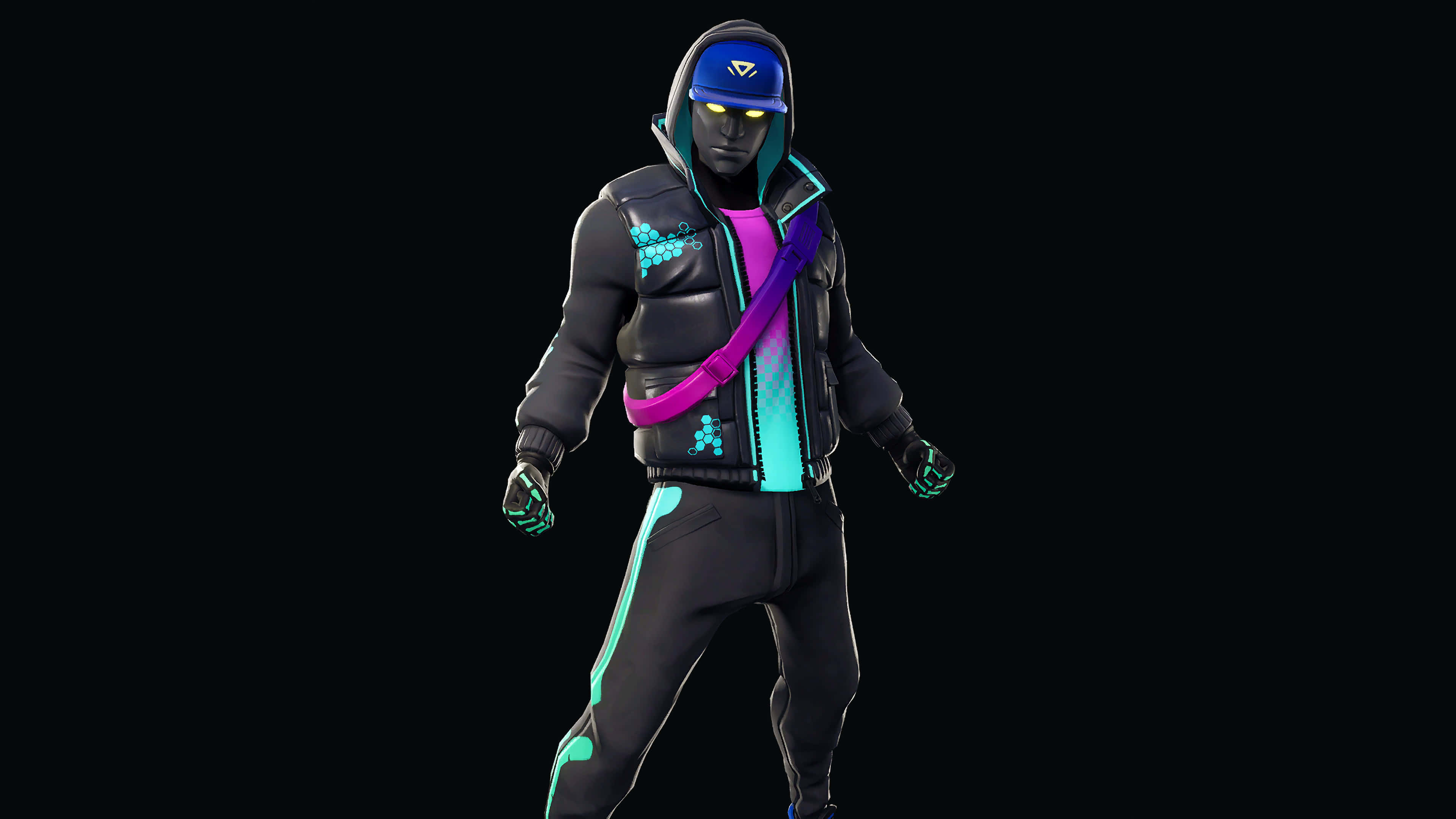 Fortnite Manic Skin, black hoodie, glowing teal and pink accents, 4K Desktop Wallpaper
