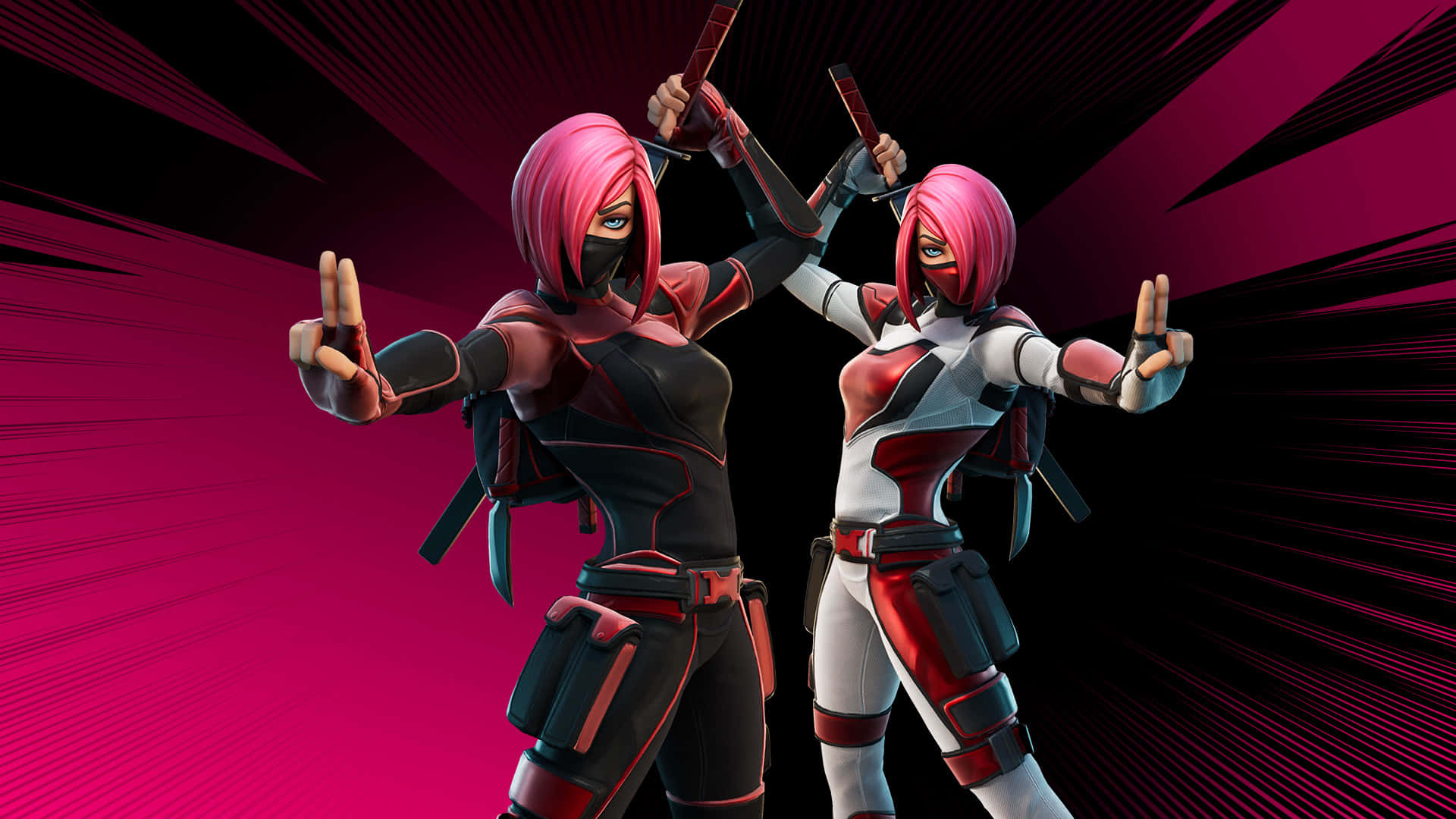 Fortnite Manic Skin, pink-haired ninja characters, red and black gear, Full HD Desktop Wallpaper