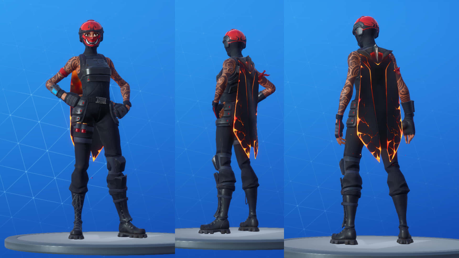 Fortnite Manic Skin, fiery armored character, blue grid background, Full HD Desktop Wallpaper