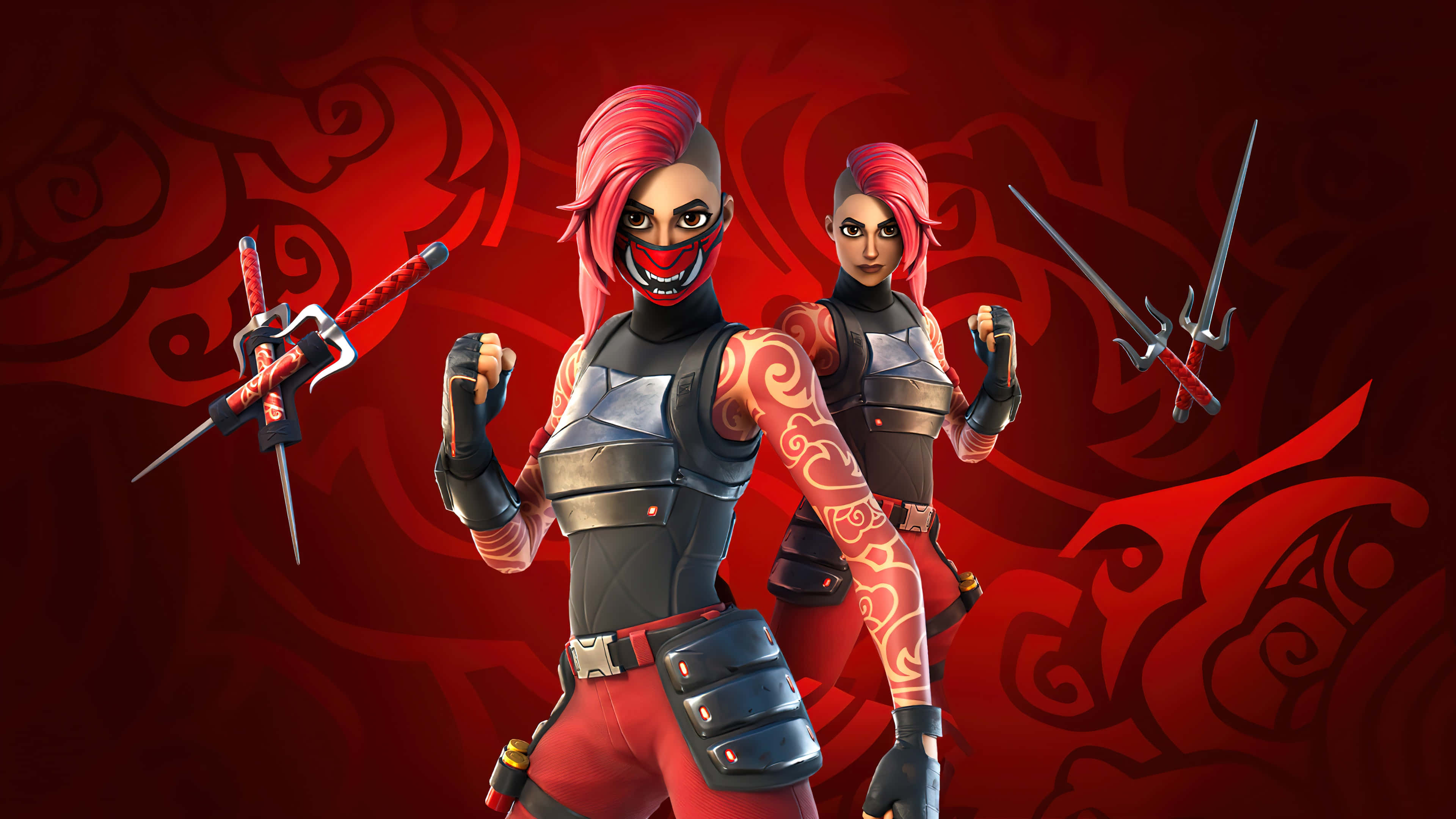 Fortnite Manic Skin, red-haired ninja warriors, black armor, 4K Desktop Wallpaper