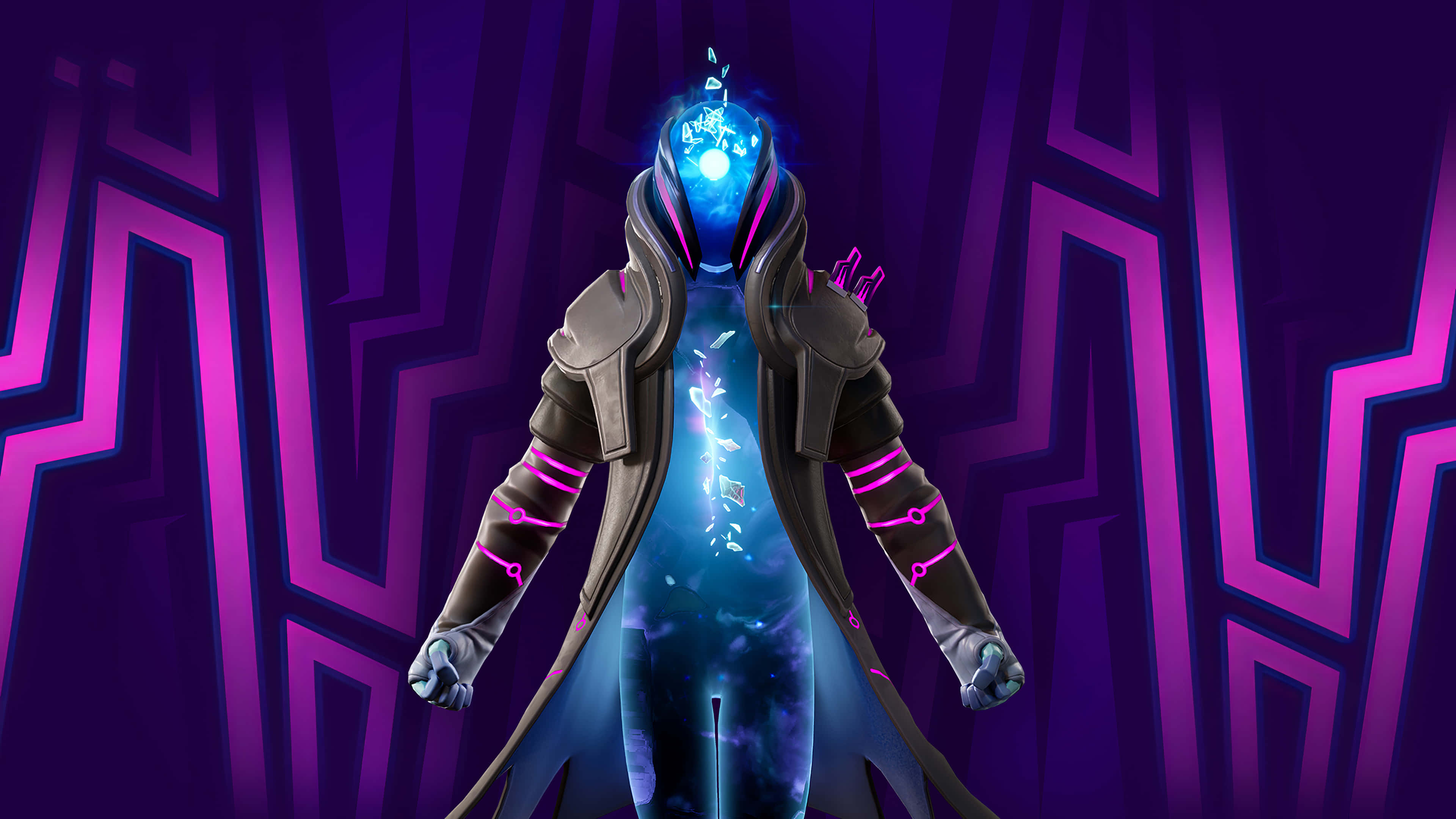 Fortnite Manic Skin, glowing blue armored figure, crystalline head, 4K Desktop Wallpaper