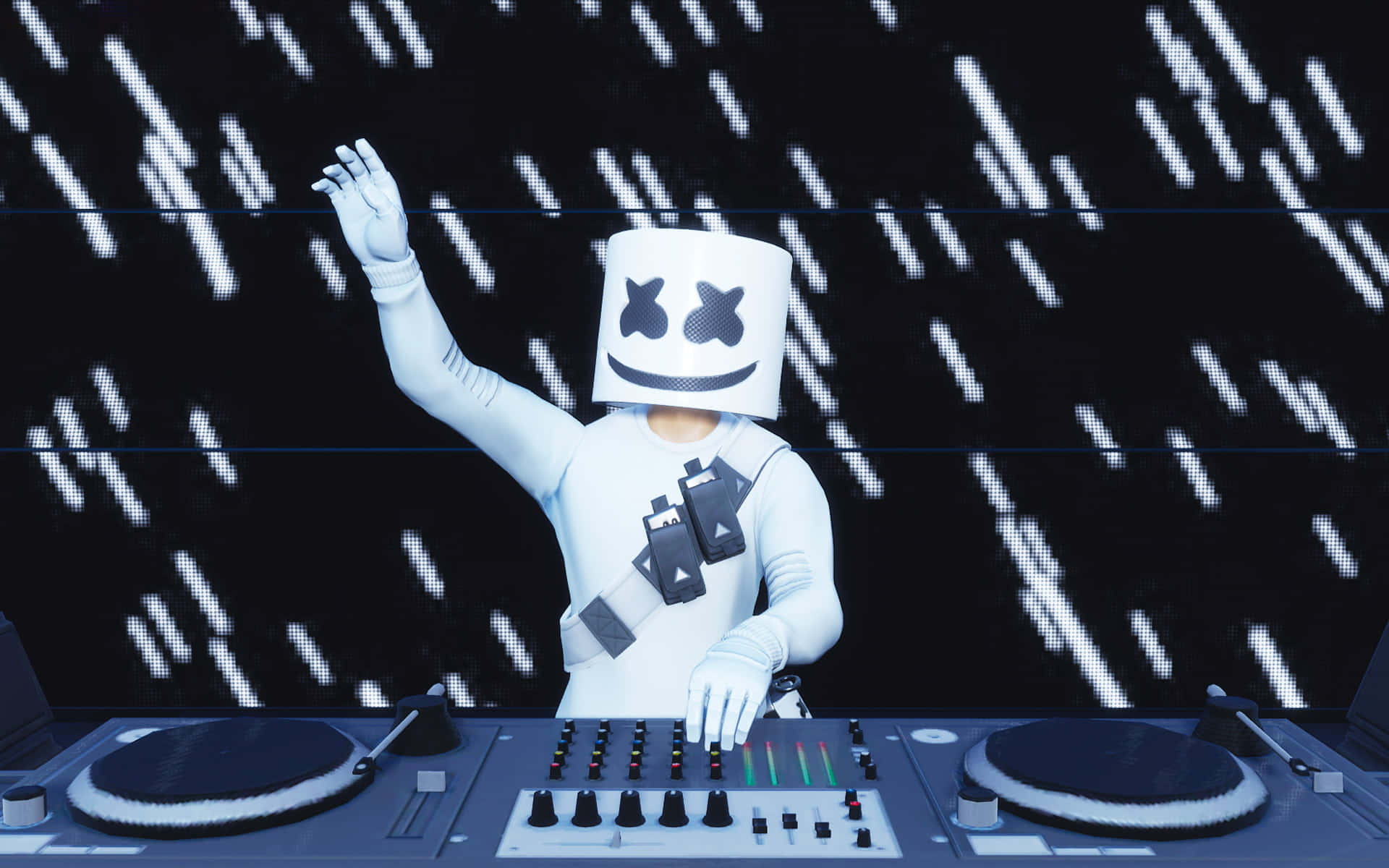 Fortnite Marshmello, white marshmallow helmet, glowing turntable setup, Full HD Desktop Wallpaper
