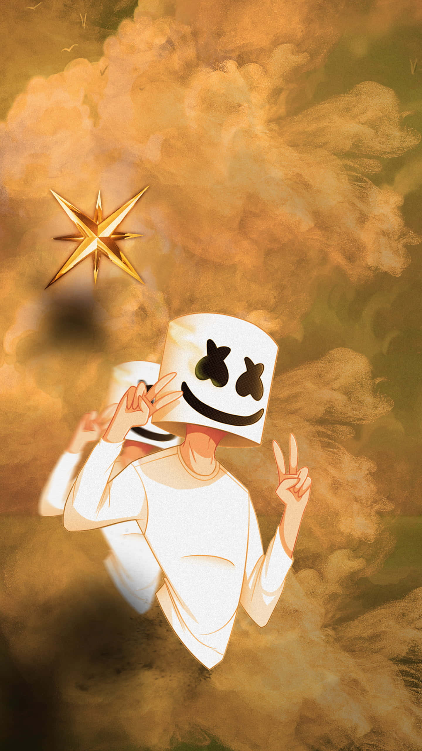 Fortnite Marshmello, white marshmallow helmet, golden smoky background, 2K Phone Wallpaper