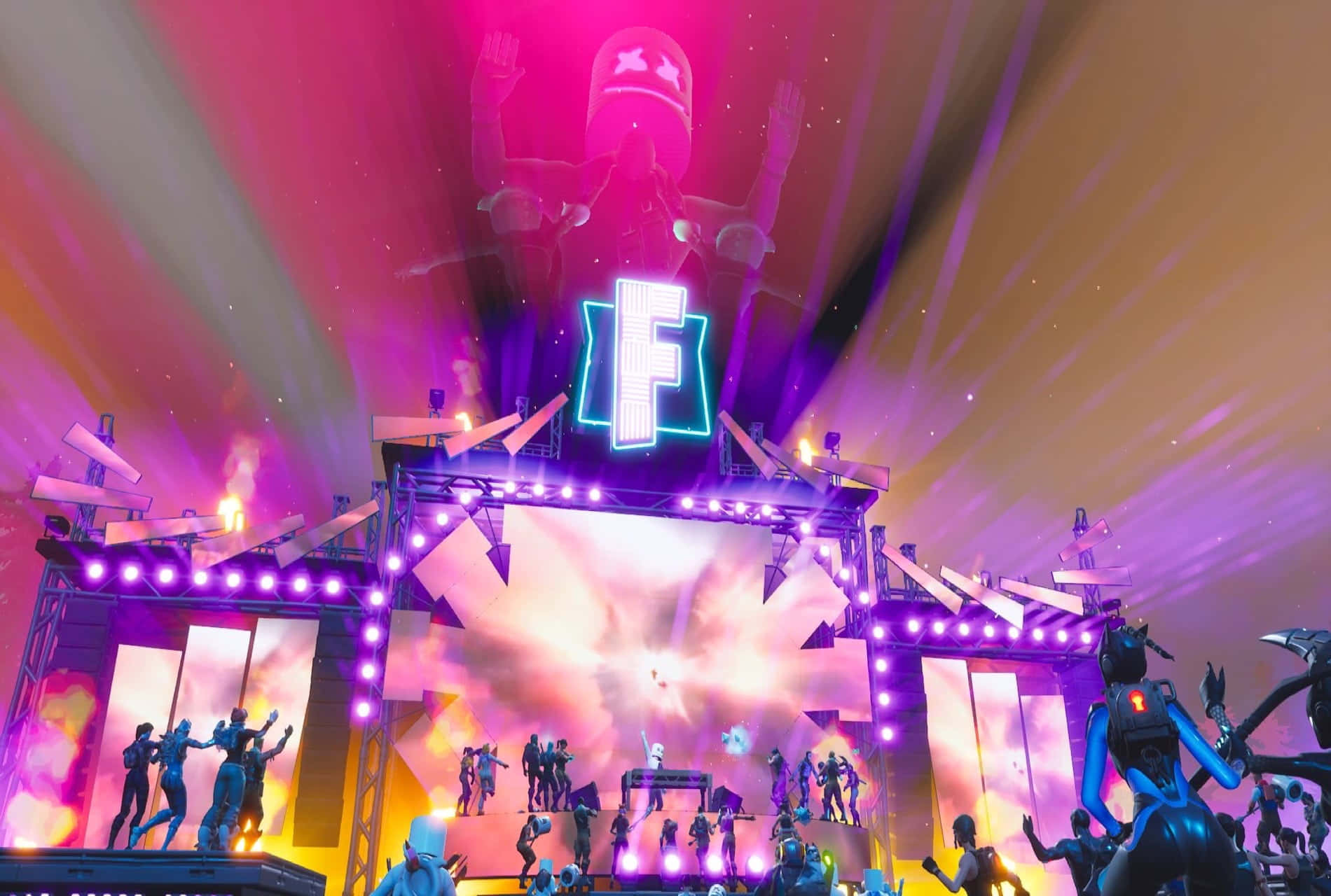 Fortnite Marshmello, glowing purple lights, giant floating character, HD Desktop Wallpaper