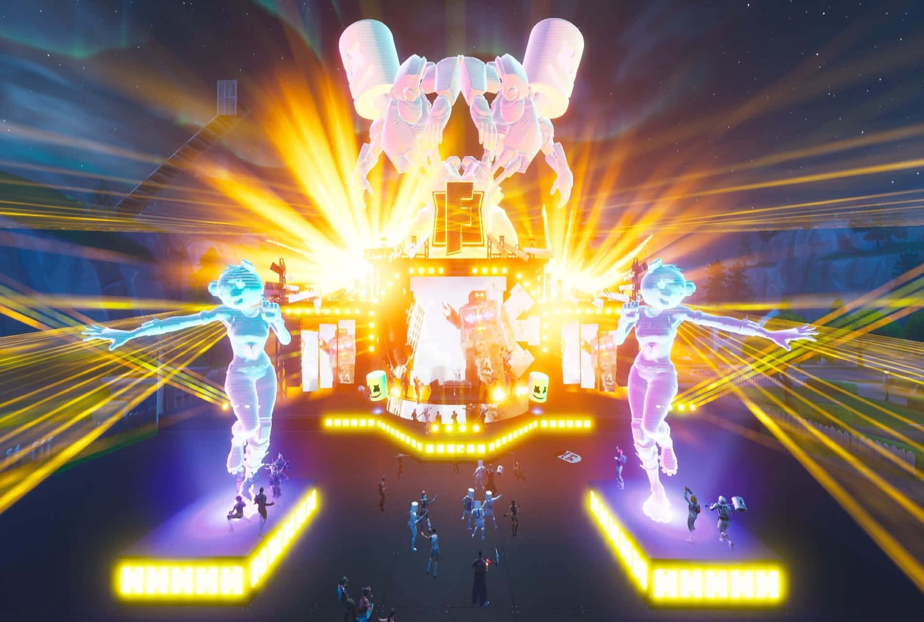 Fortnite Marshmello, neon-lit stage, glowing holographic dancers, HD Desktop Wallpaper