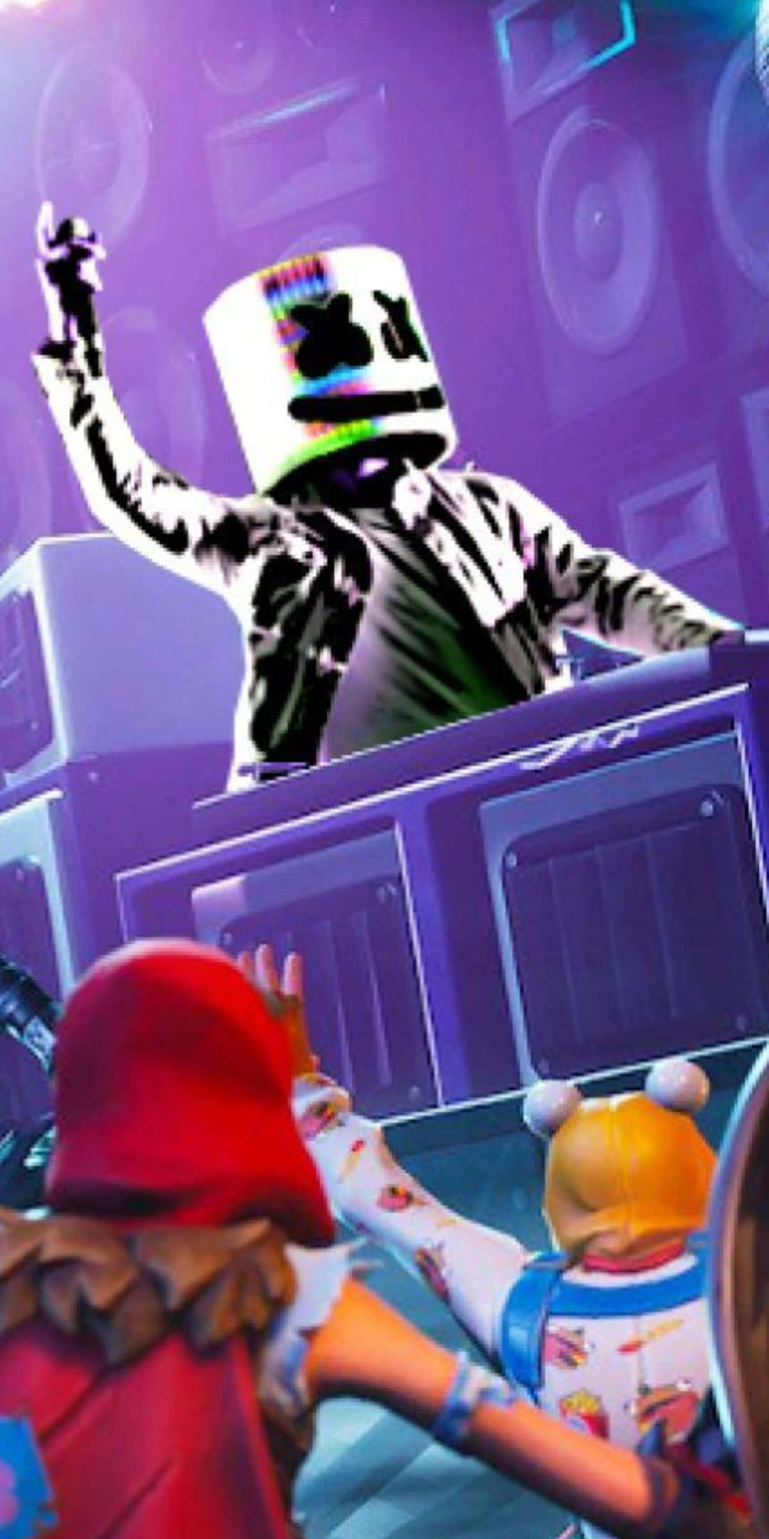 Fortnite Marshmello, rainbow helmet, neon-lit concert, Full HD Phone Wallpaper