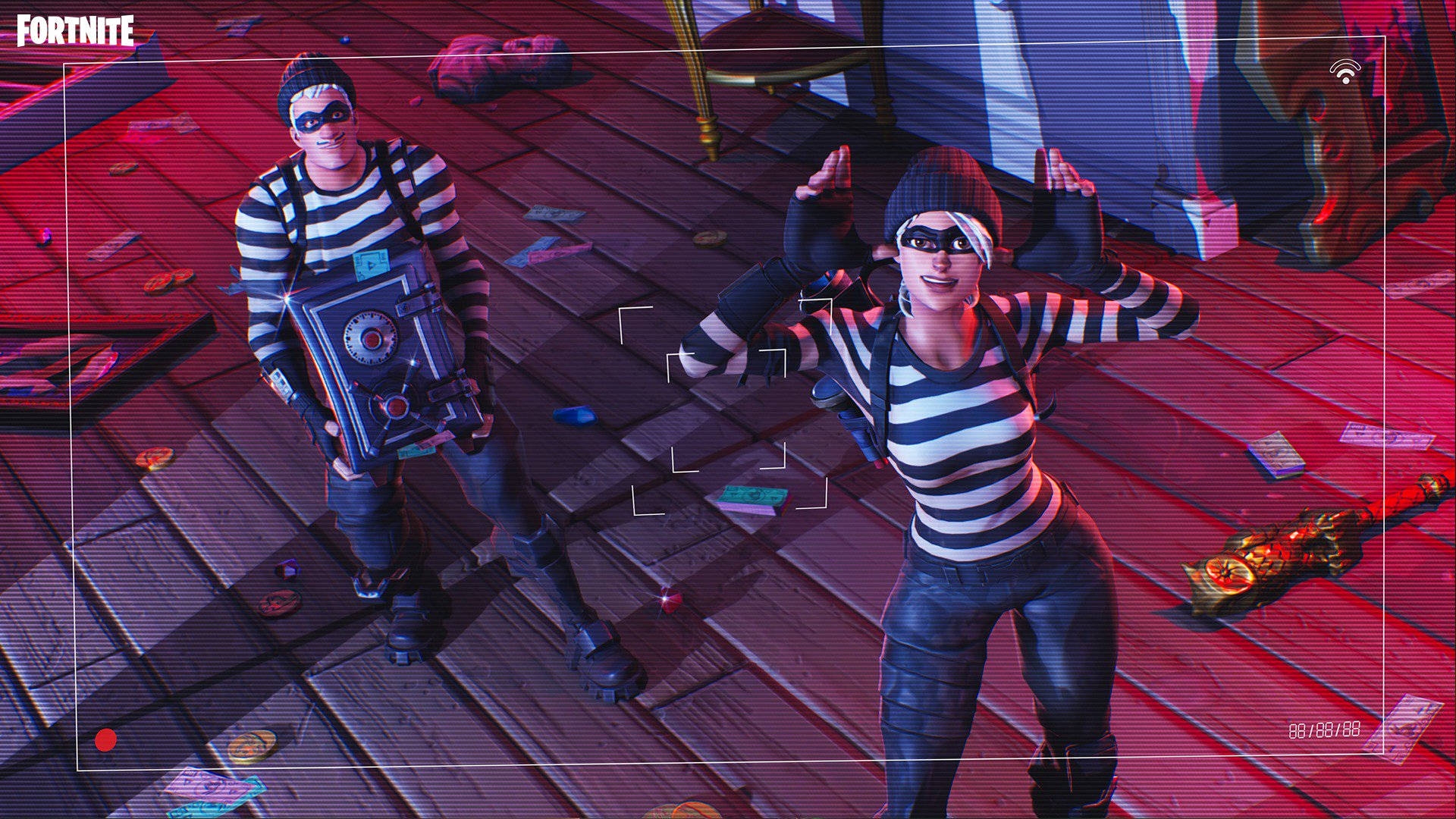 Fortnite, striped outfits, wooden floor, Full HD Desktop Wallpaper