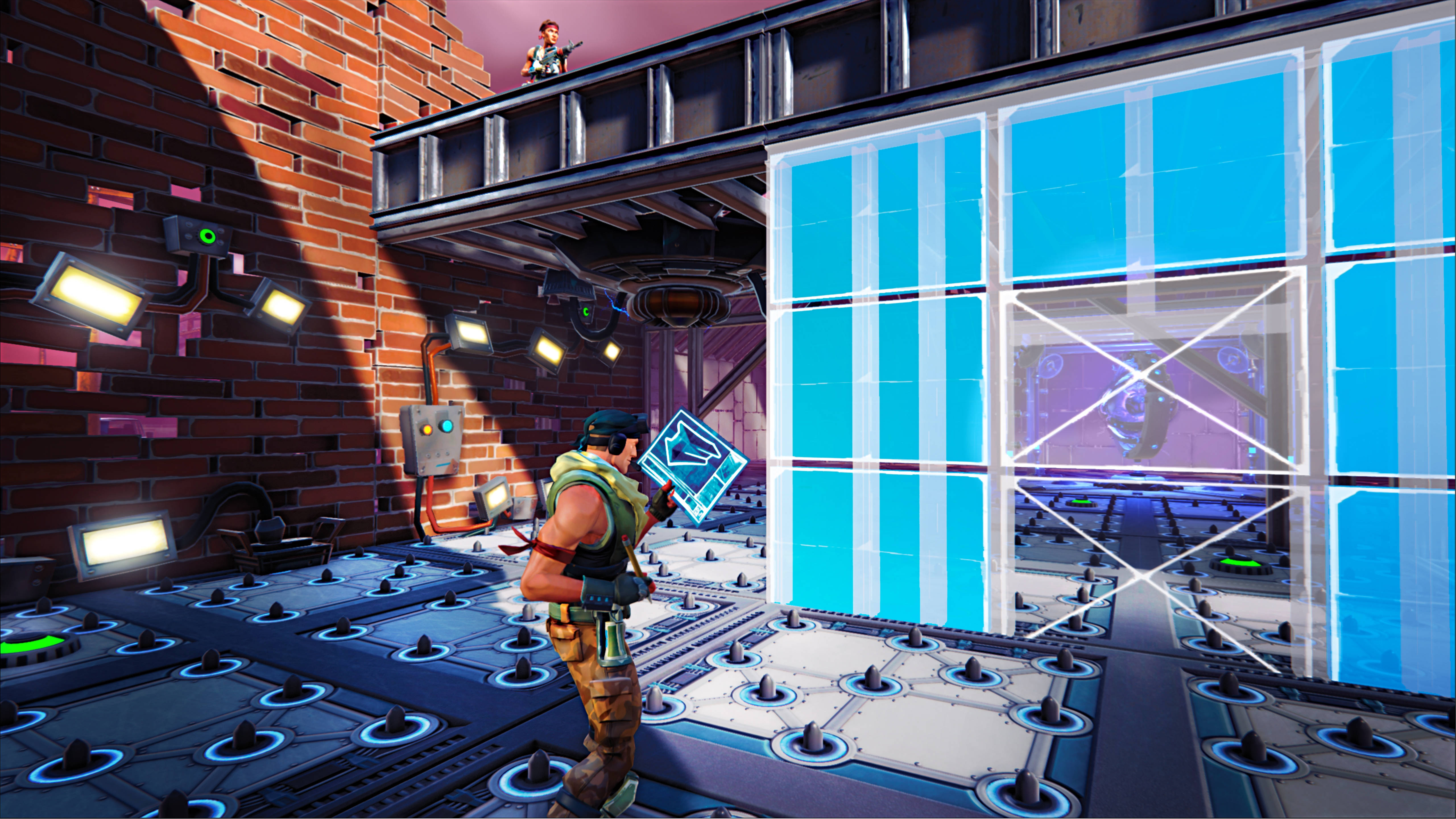 Fortnite, high-tech lab, glowing blue panels, 5K Desktop Wallpaper