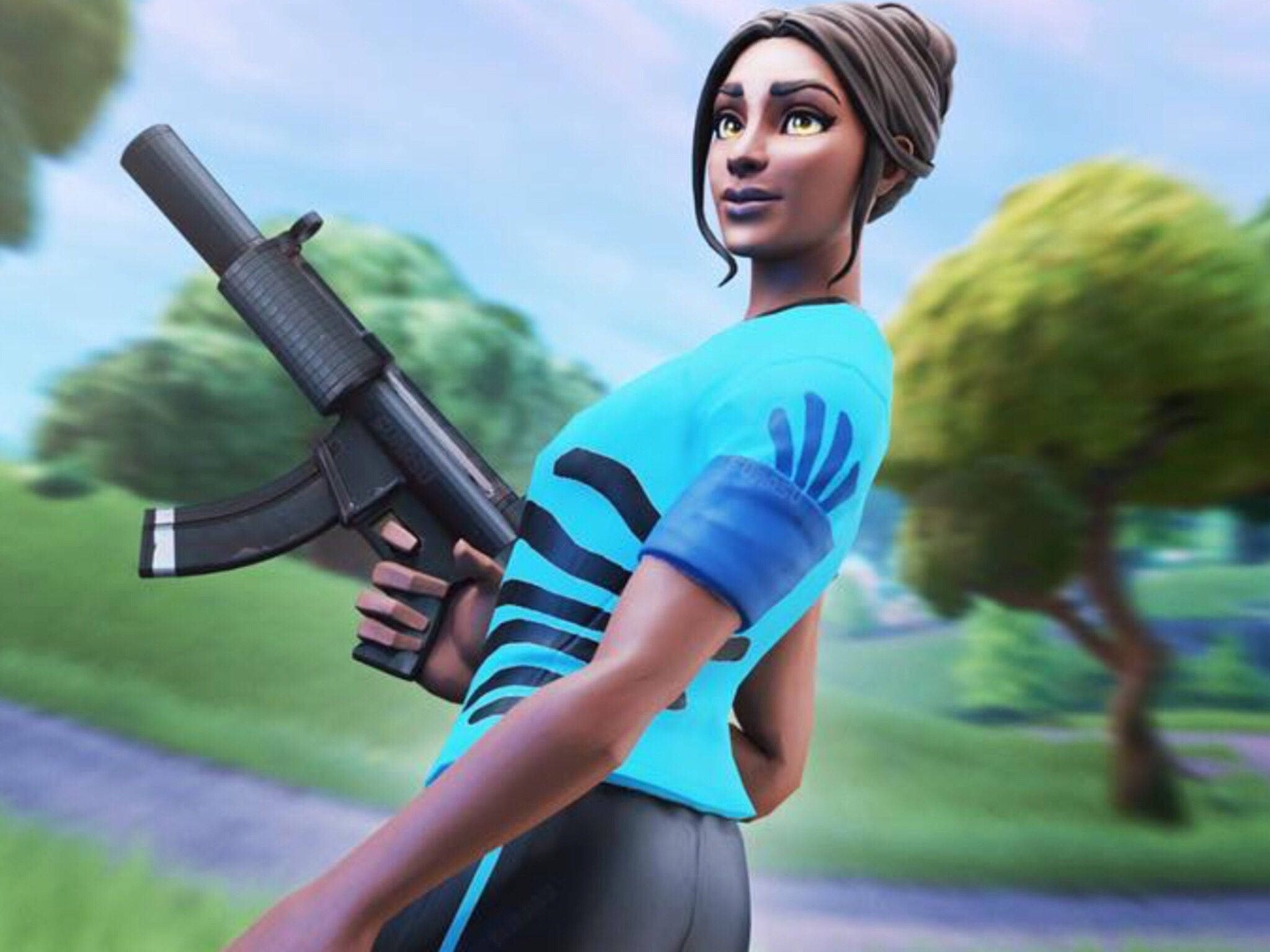 Fortnite, glowing eyes, submachine gun, Full HD Desktop Wallpaper