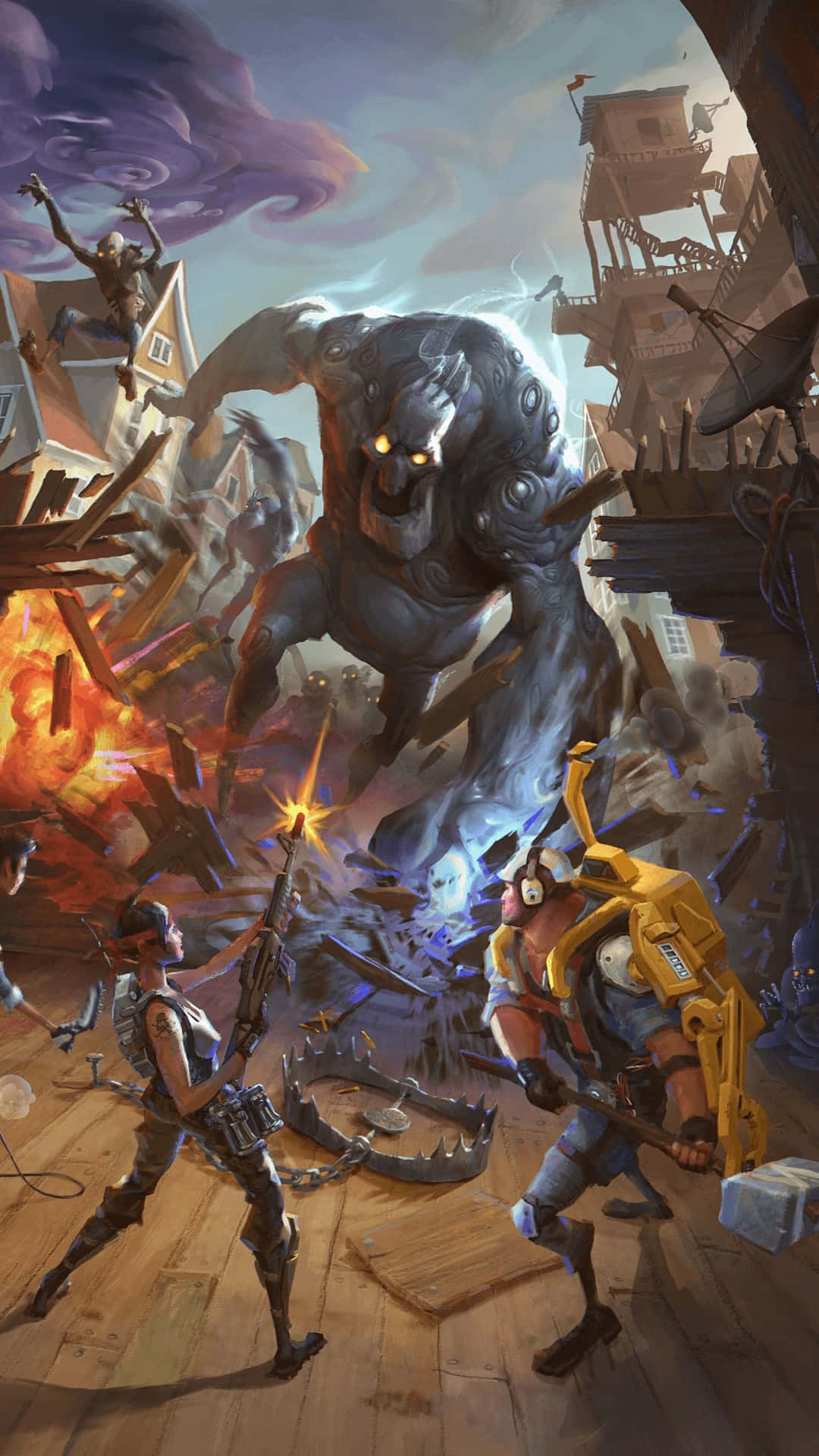 Fortnite Phone, warriors, colossal monstrous entity, Full HD Phone Wallpaper